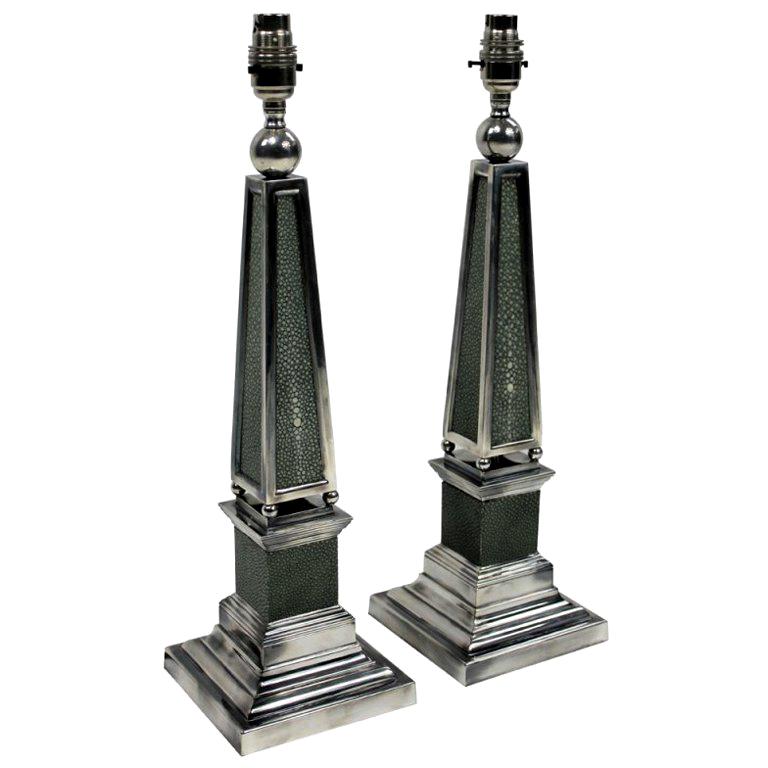 Pair of Silver and Shagreen Obelisk Lamps