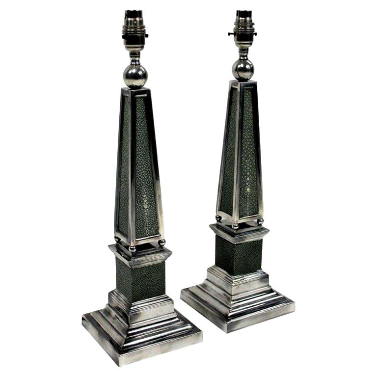 Pair of Silver and Shagreen Obelisk Lamps