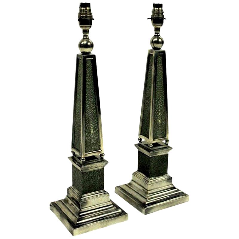 Pair of Silver and Shagreen Obelisk Lamps