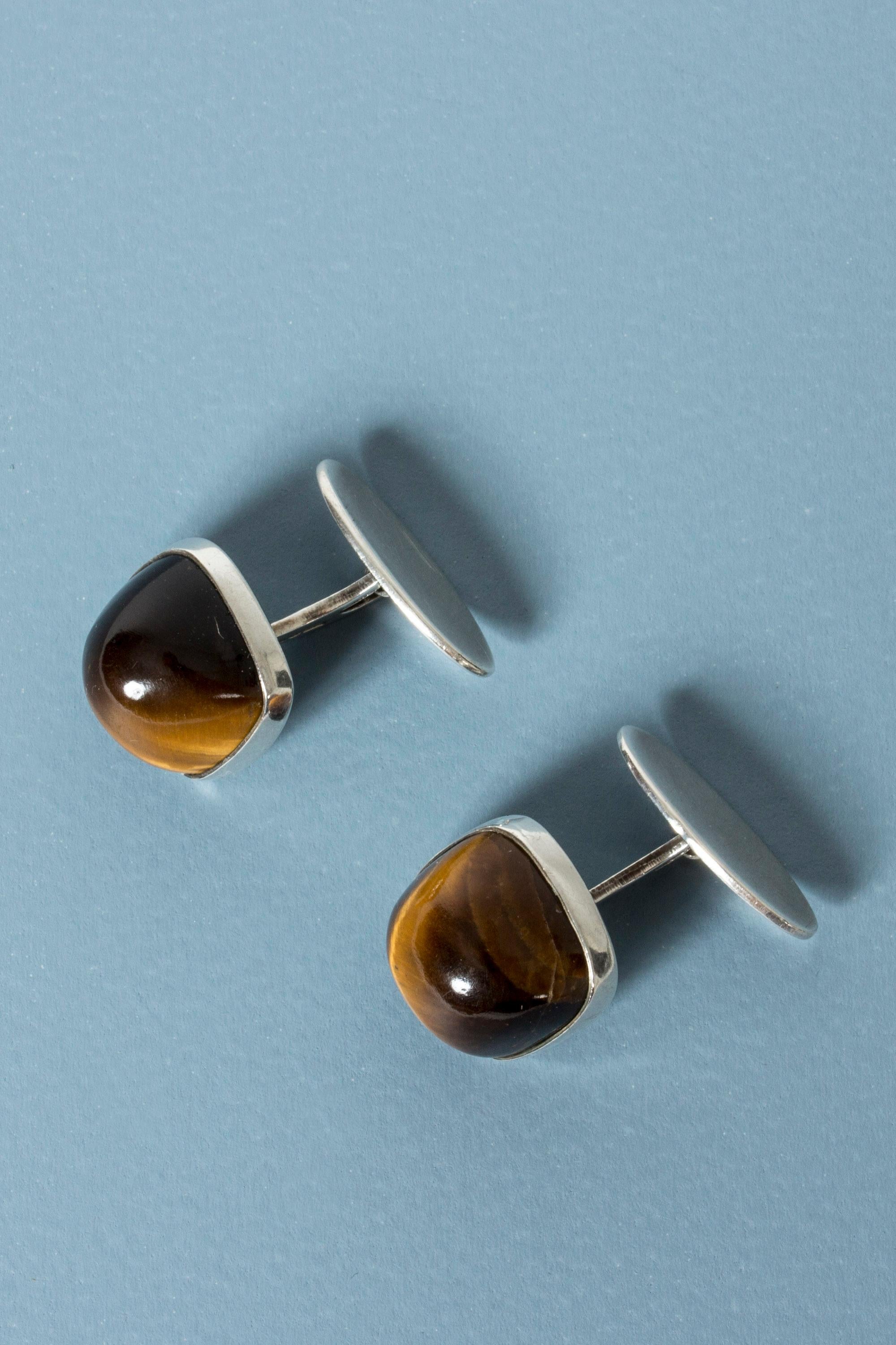 Modernist Pair of Silver and Tigereye Cufflinks from Kaplans, Sweden