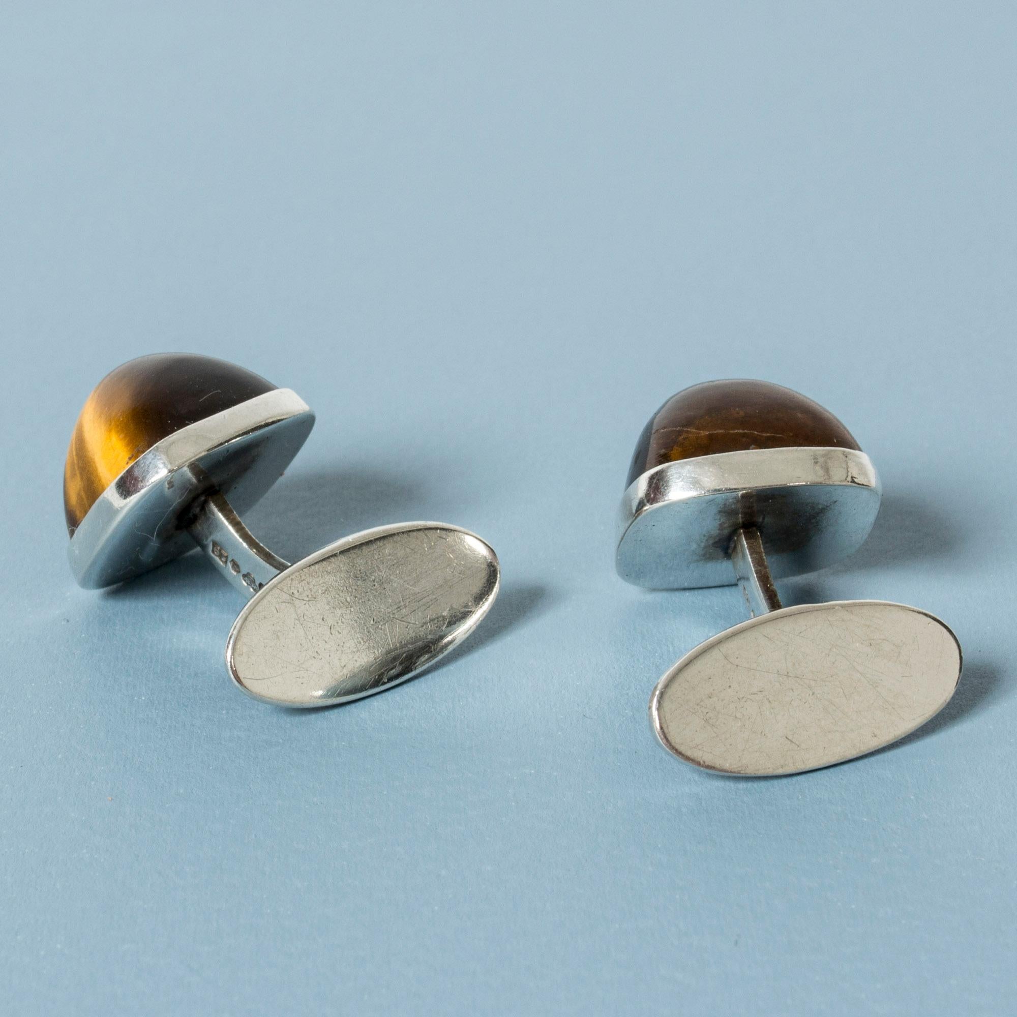 Cabochon Pair of Silver and Tigereye Cufflinks from Kaplans, Sweden