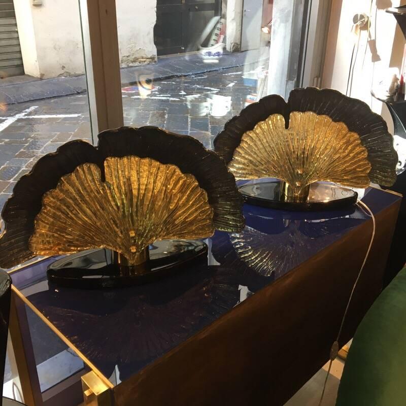 Pair of Silver Blown Murano Glass Modern Italian Shell Table Lamps, 1980s In Excellent Condition In Florence, IT