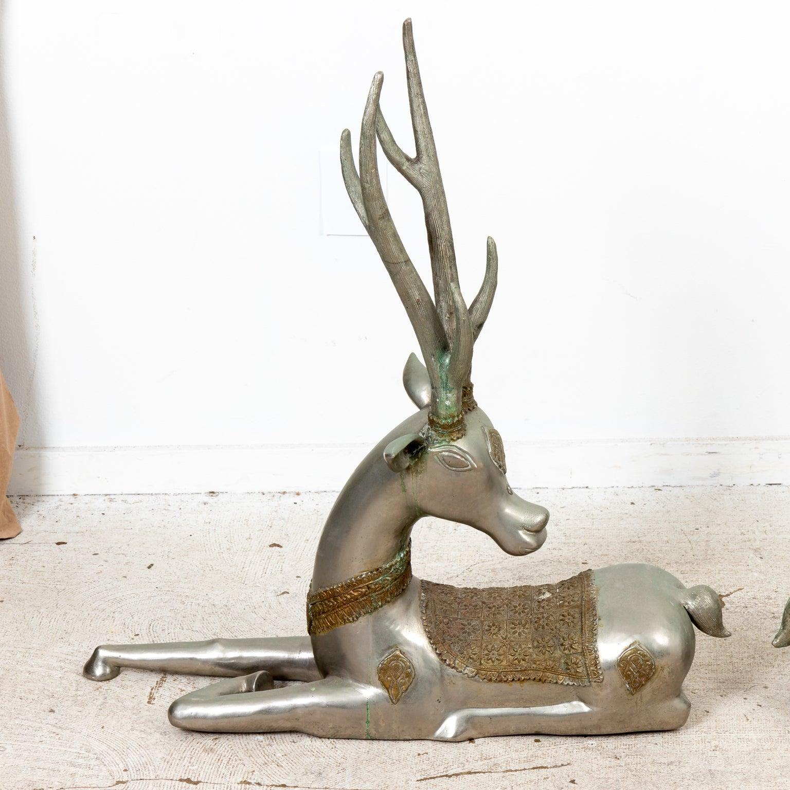 Unknown Pair of Silver Brass Stylized Deer For Sale