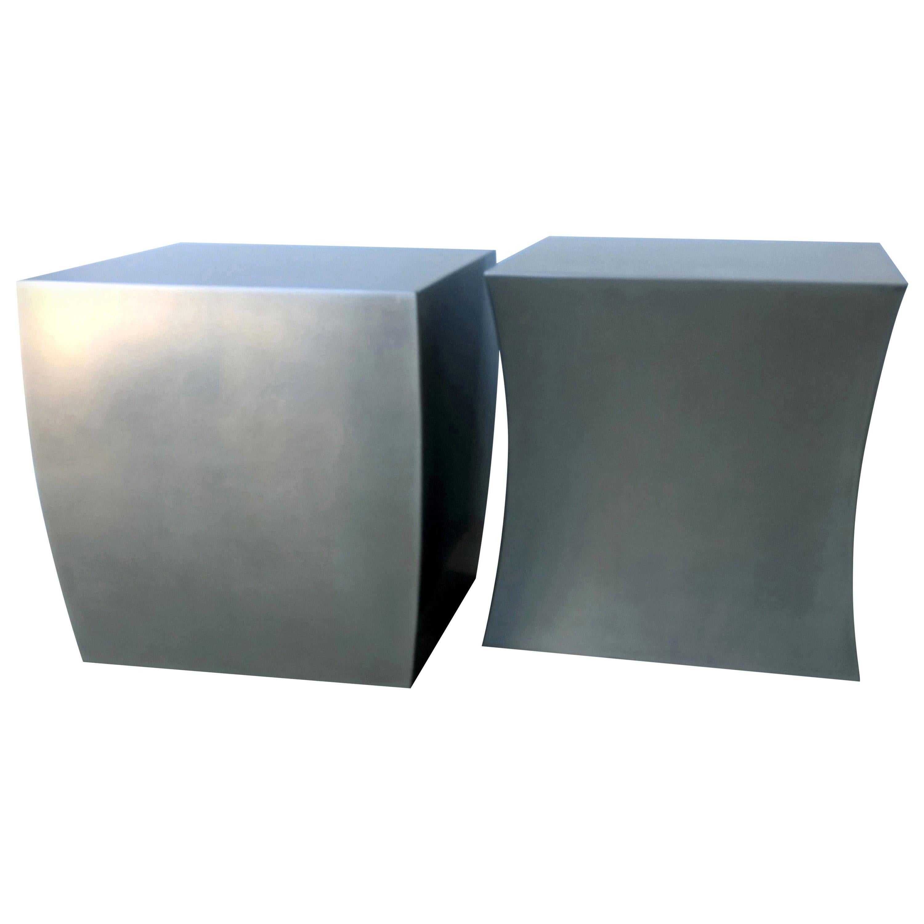 Pair of Silver Brushed Steel Yin & Yang Drum Side / End / Cocktail / Stools For Sale