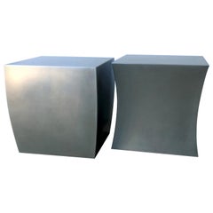Retro Pair of Silver Brushed Steel Yin & Yang Drum Side / End / Cocktail / Stools