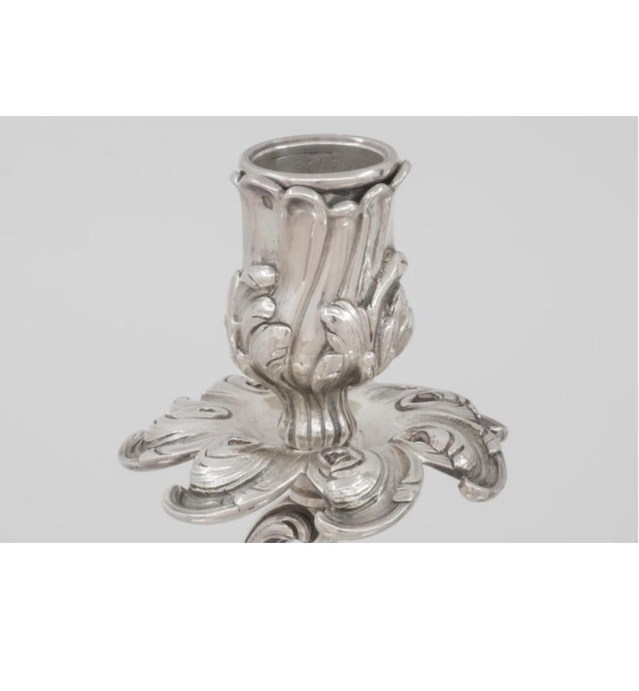 This pair of mid-late 19th century French solid silver four-light candelabra by the renowned Parisian silversmith Ernest Cardheilac is worked in the Rocaille style.
Hallmarks:
1. “Cardeilhac PARIS”
2. Individual maker’s mark “E.C.” for Ernest