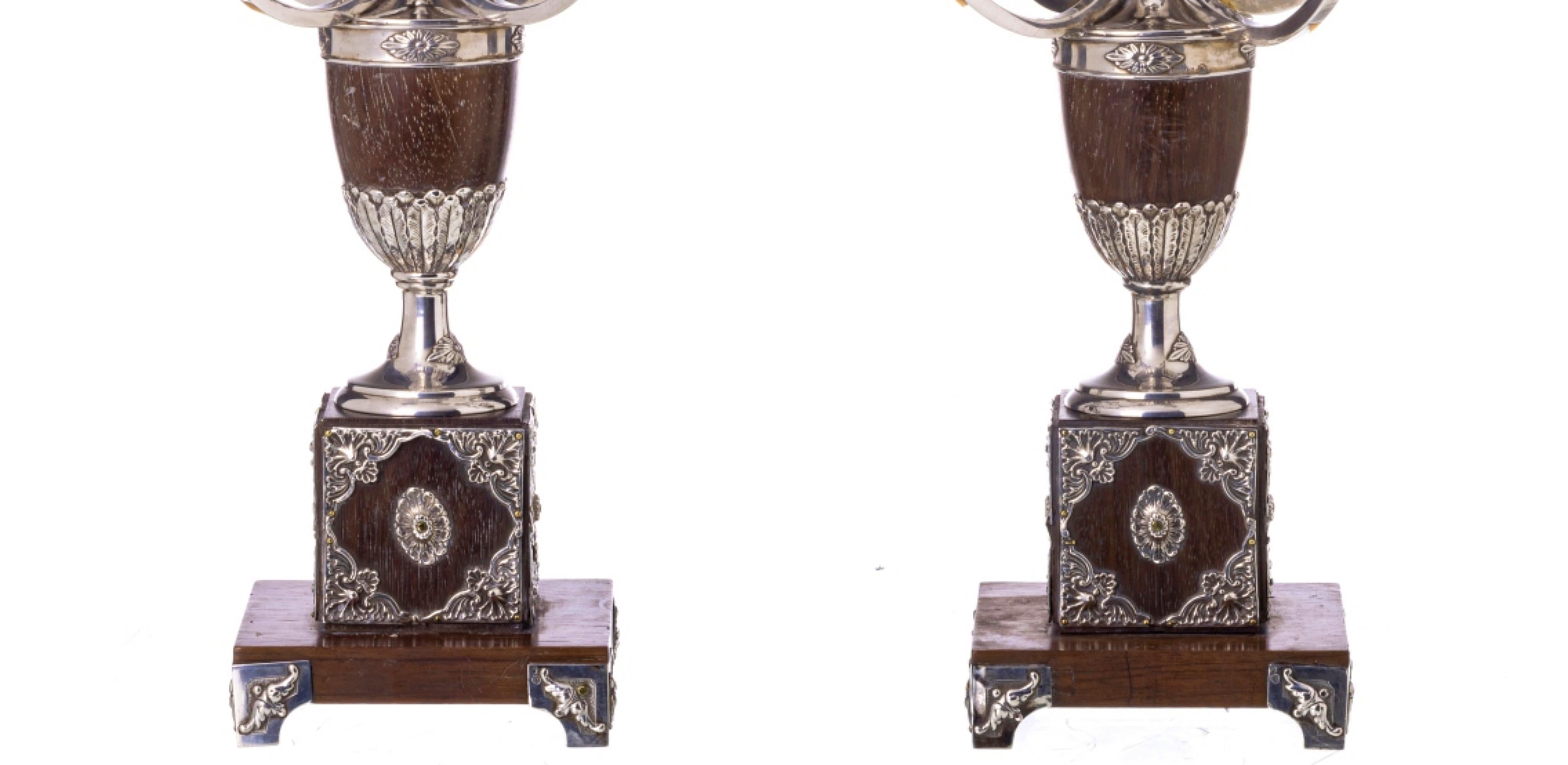 PAIR OF SILVER CANDLESTICKS 19th Century

Portuguese
of five lights, in rosewood wood, with silver applications, with 'boar II' hallmark of 833 thousandths, dated 1887-1937
Height: 46 cm
good conditions.