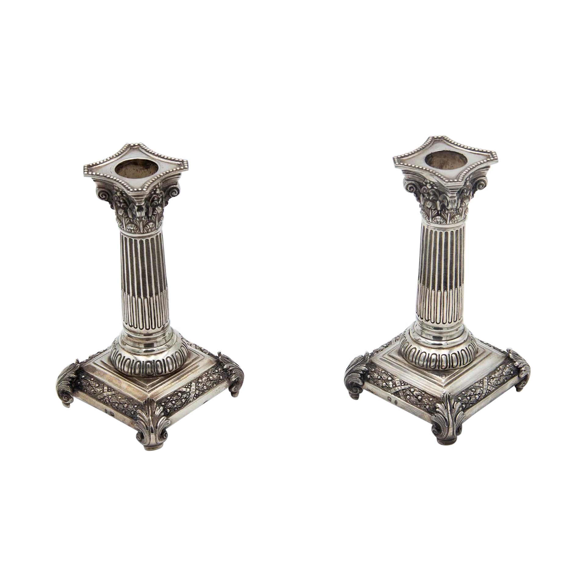 Pair of silver candlesticks in the shape of Greek columns For Sale