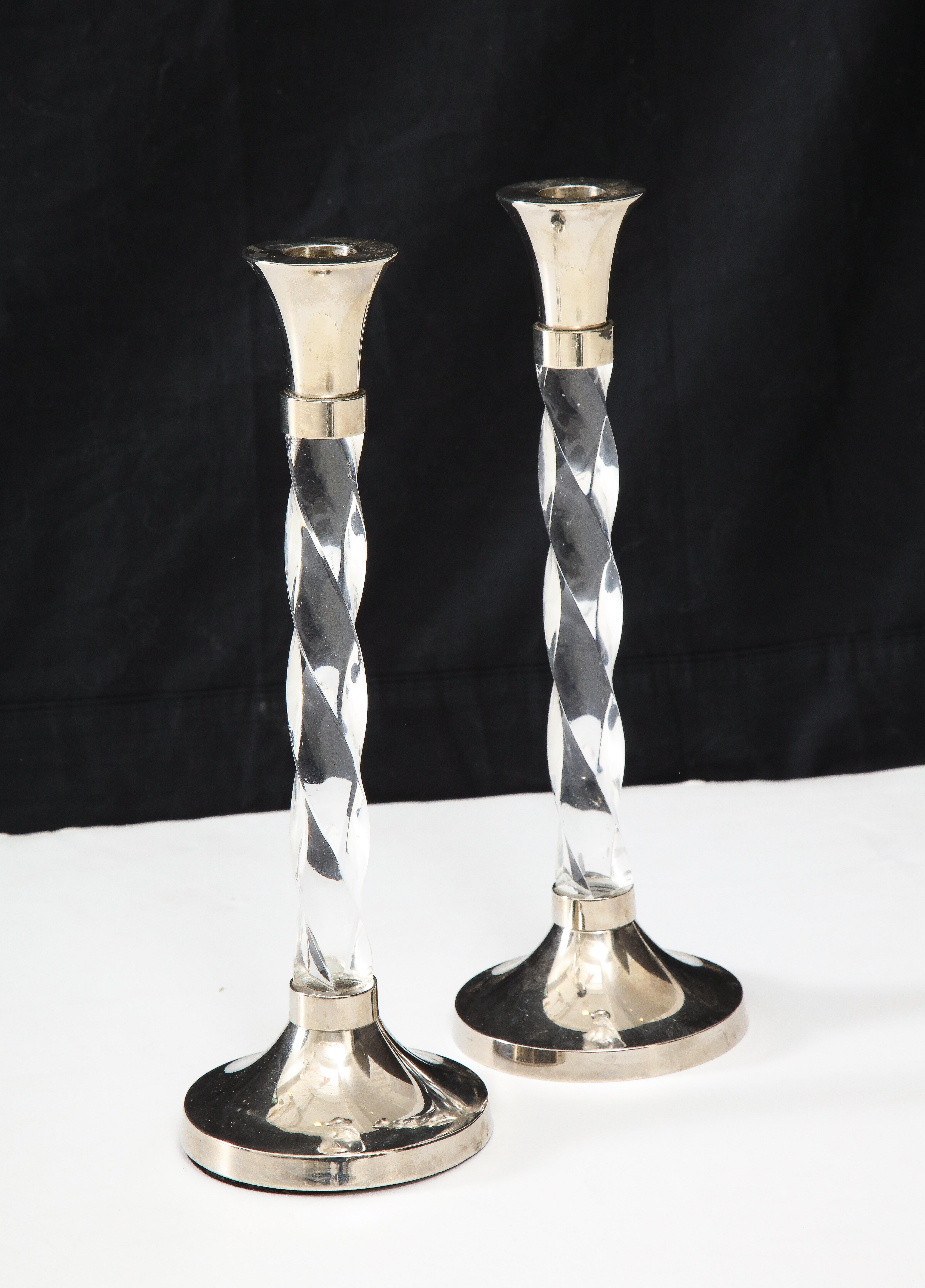 Pair of Silver Candlesticks with Glass Barley Twist Stems  5