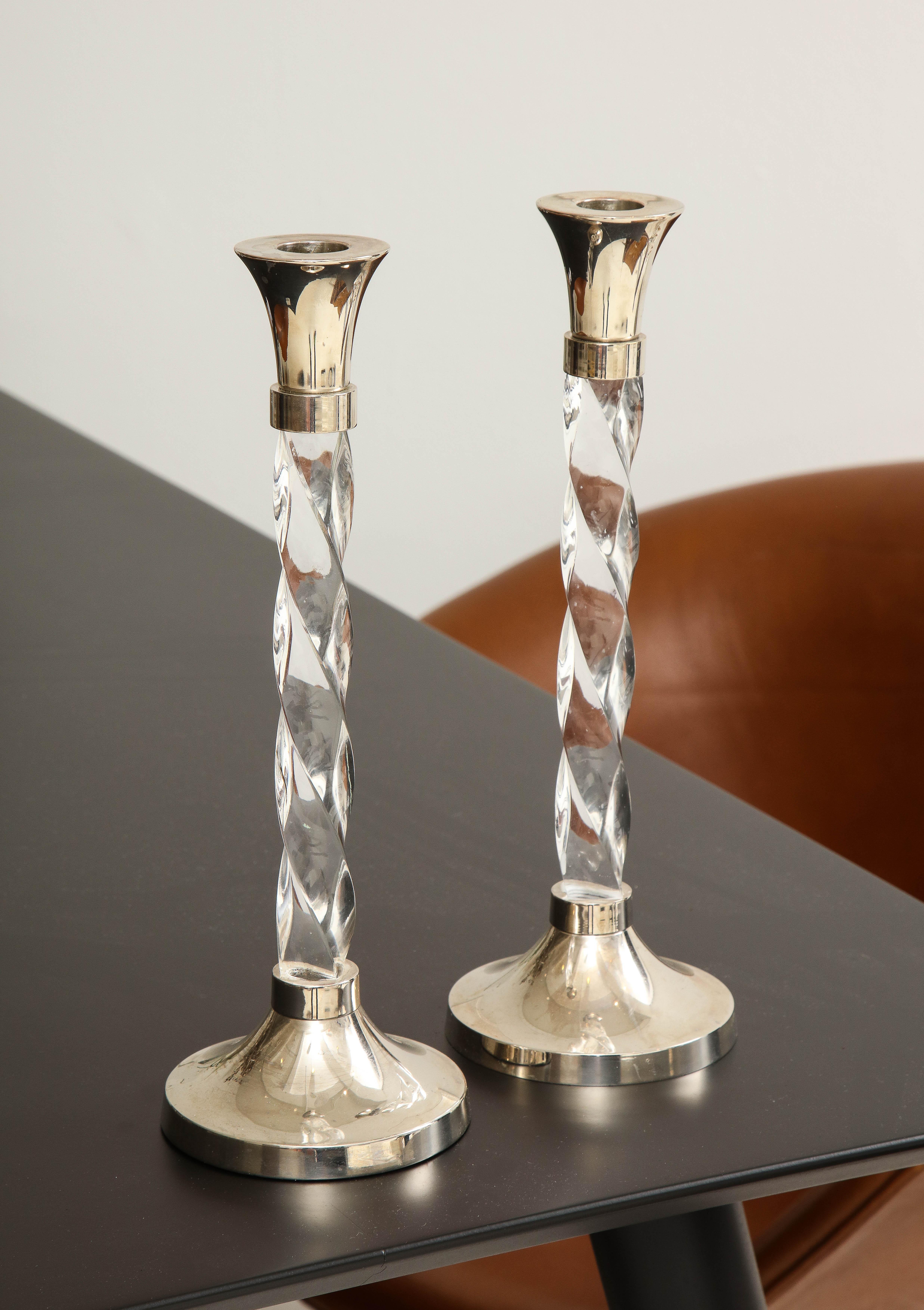 Pair of Silver Candlesticks with Glass Barley Twist Stems  7