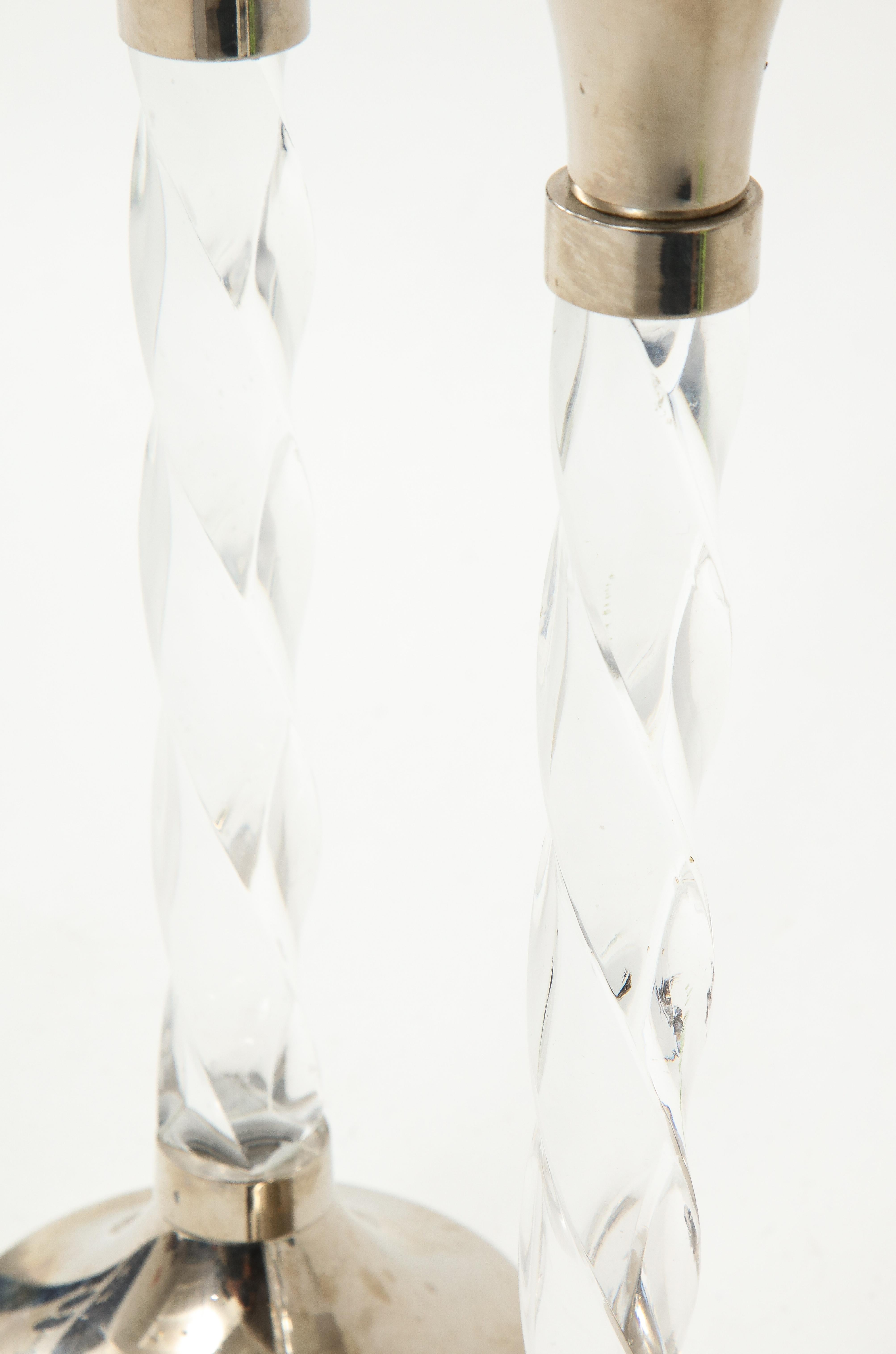 Hollywood Regency Pair of Silver Candlesticks with Glass Barley Twist Stems 