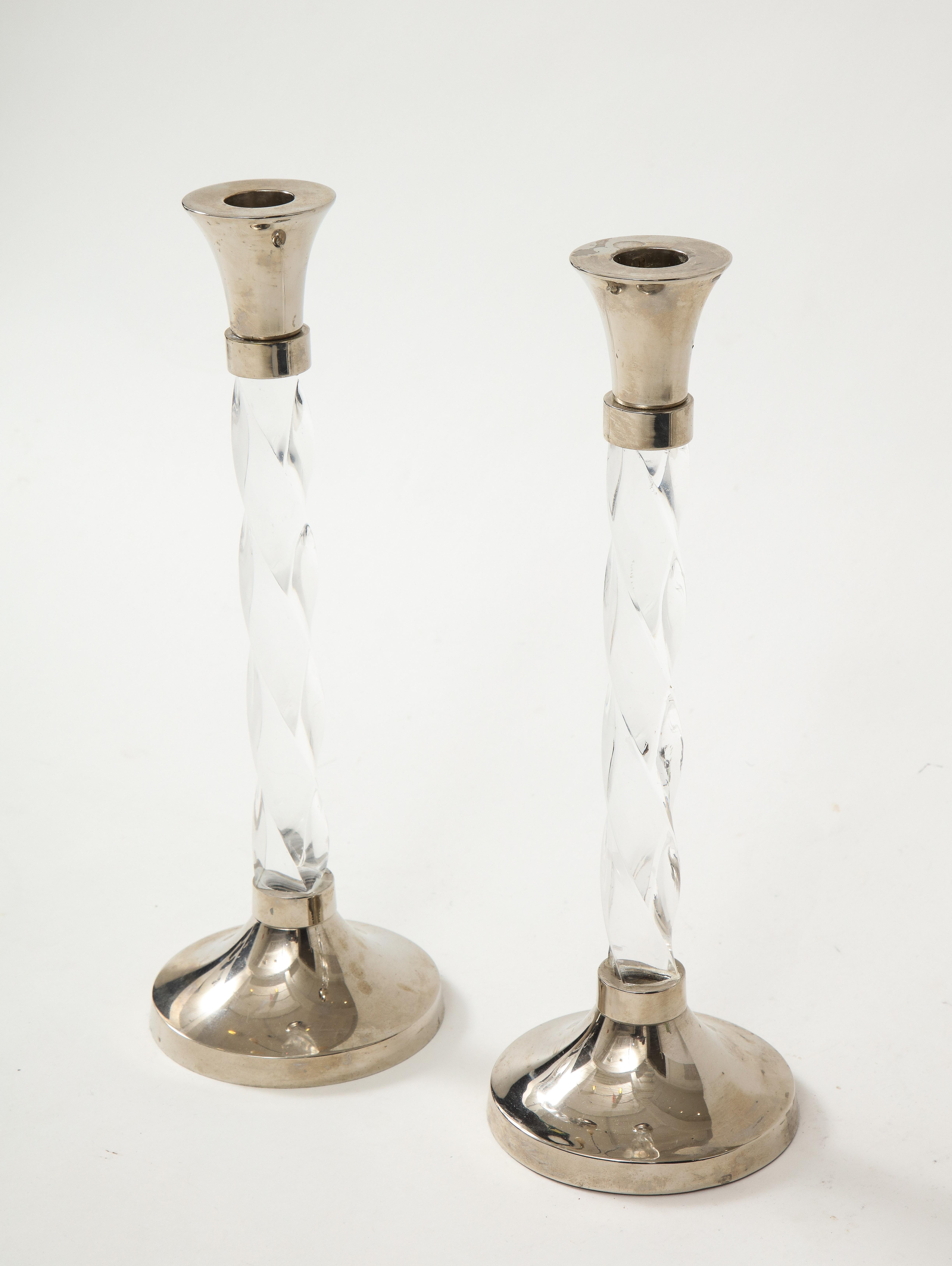 American Pair of Silver Candlesticks with Glass Barley Twist Stems 