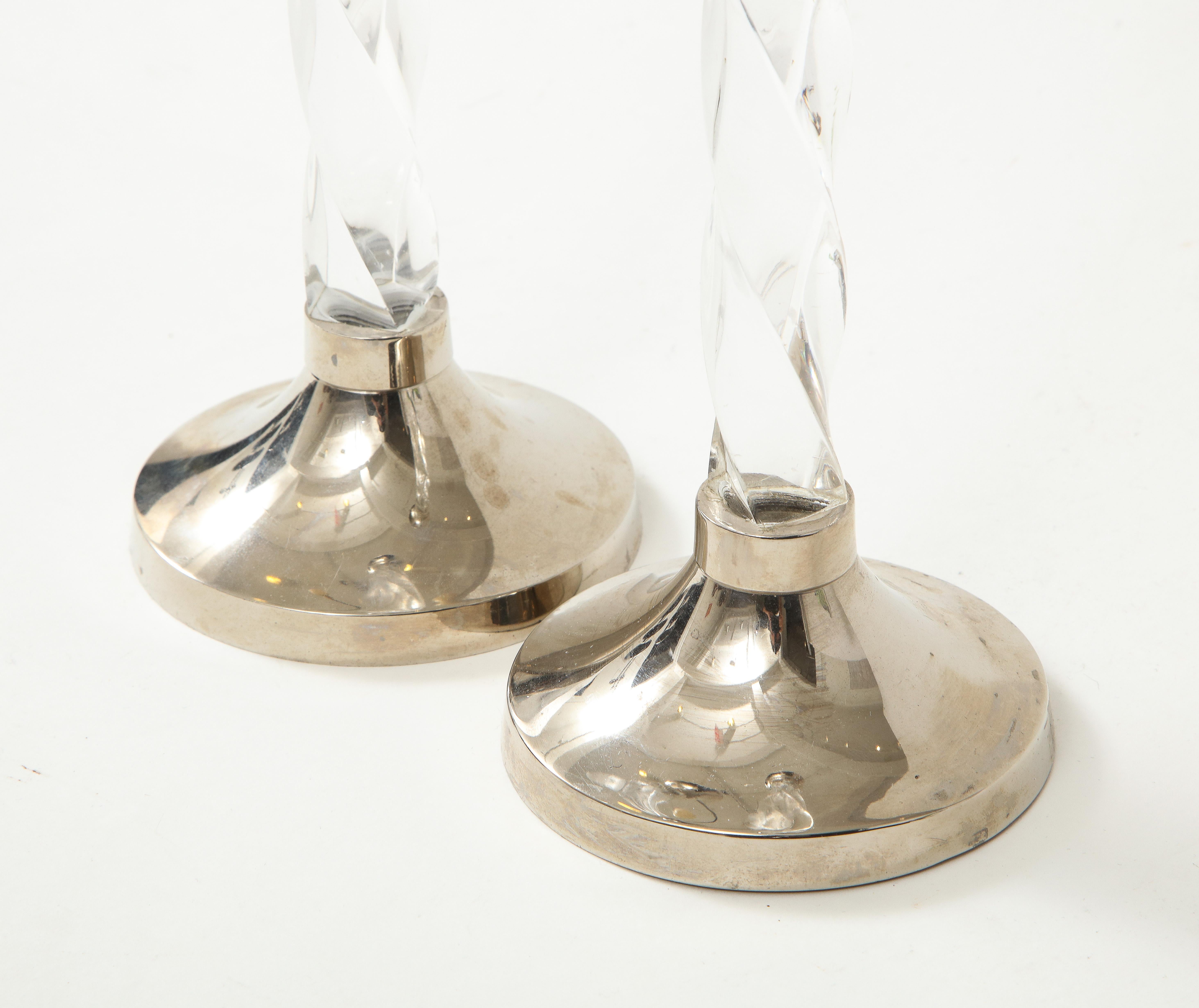 Cast Pair of Silver Candlesticks with Glass Barley Twist Stems 