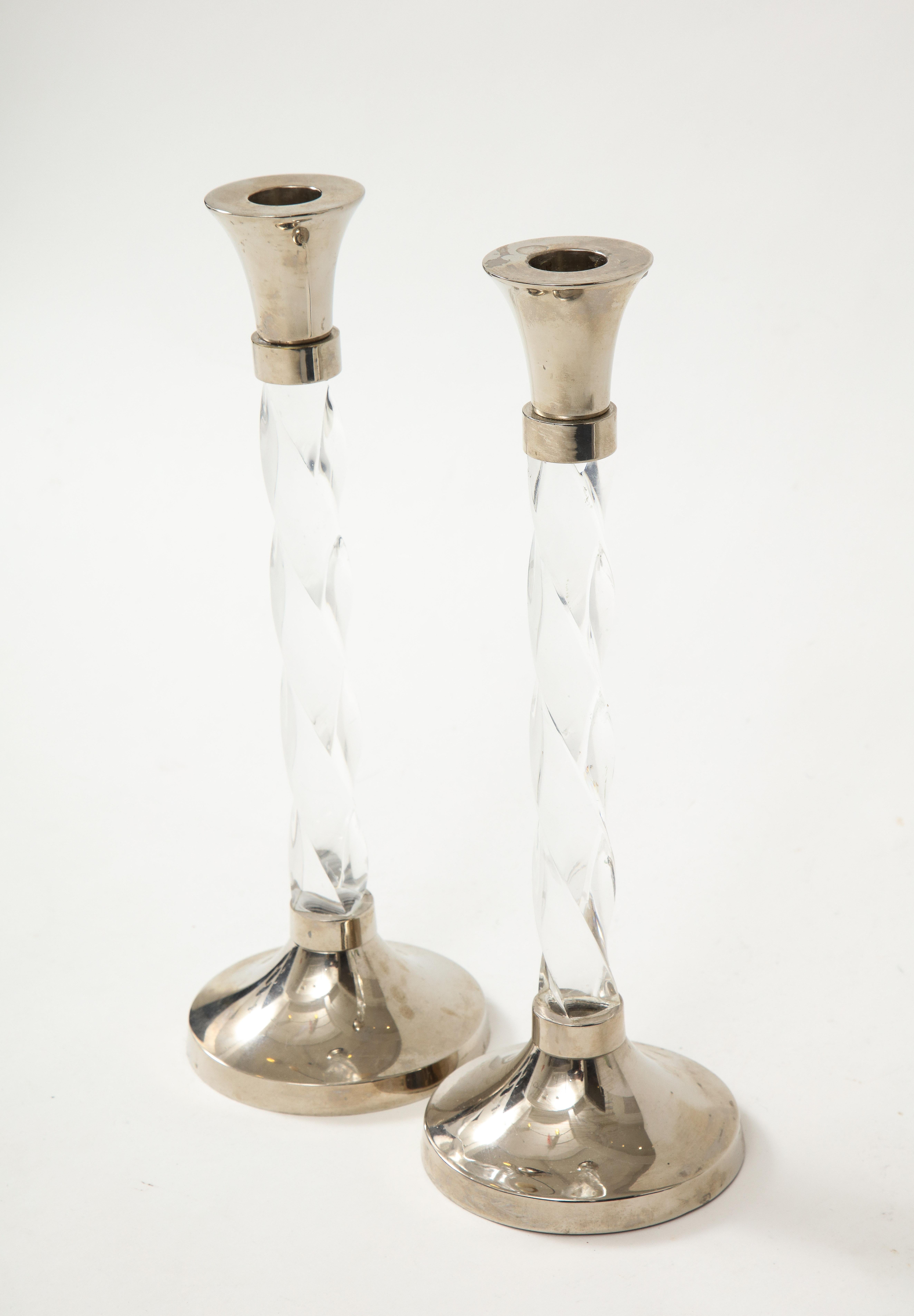 Pair of Silver Candlesticks with Glass Barley Twist Stems  In Good Condition In New York, NY