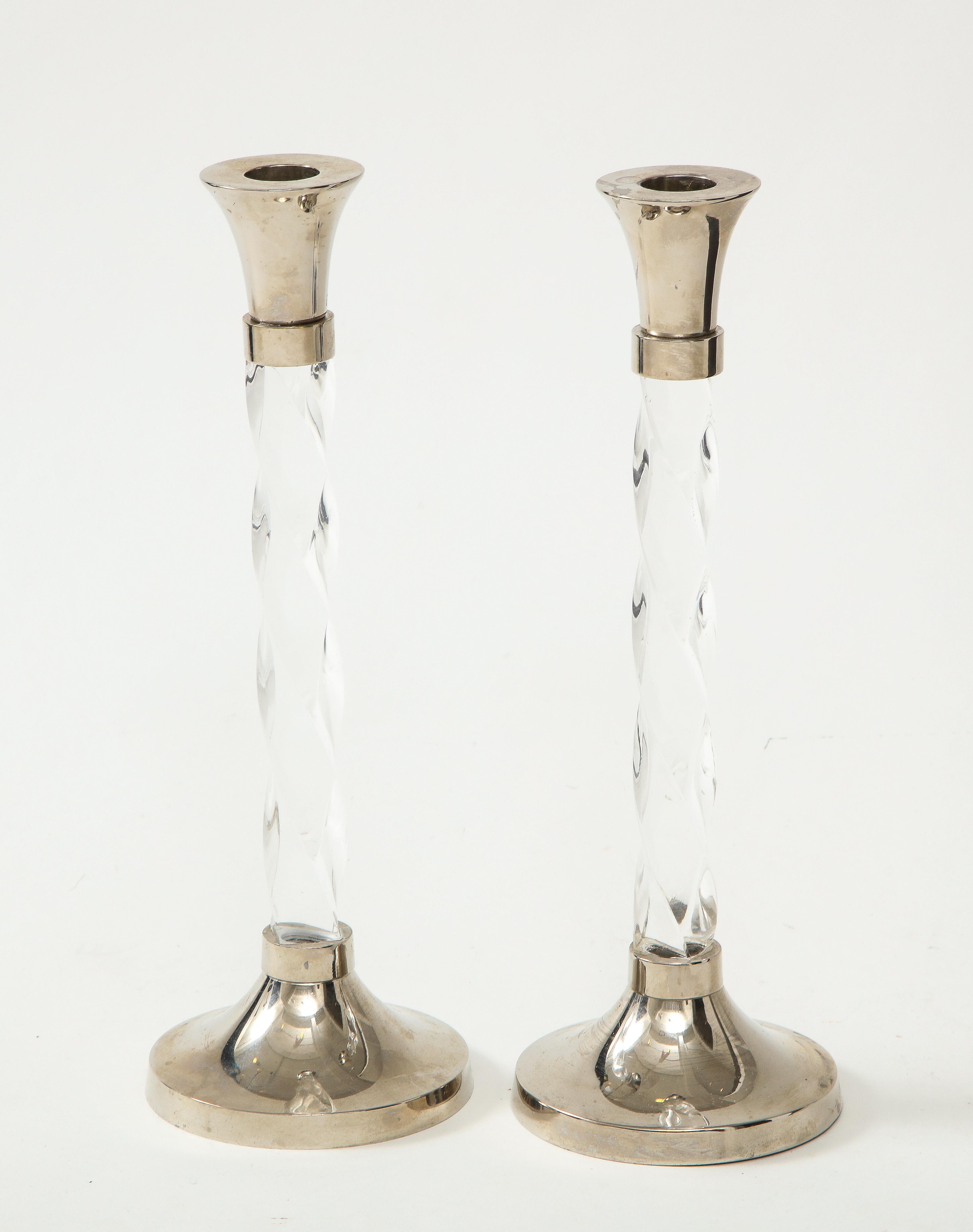 Late 20th Century Pair of Silver Candlesticks with Glass Barley Twist Stems 
