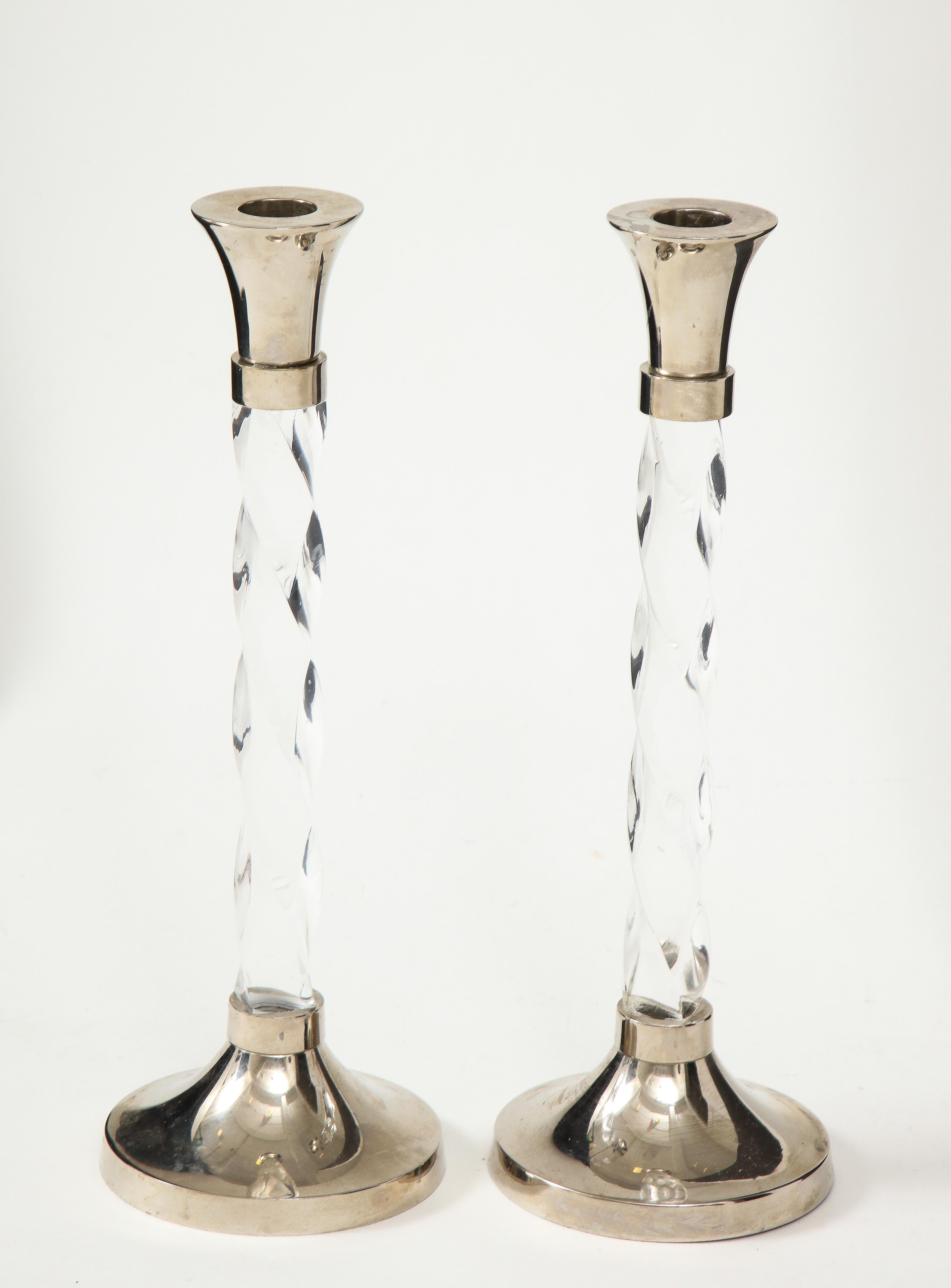 Silver Plate Pair of Silver Candlesticks with Glass Barley Twist Stems 
