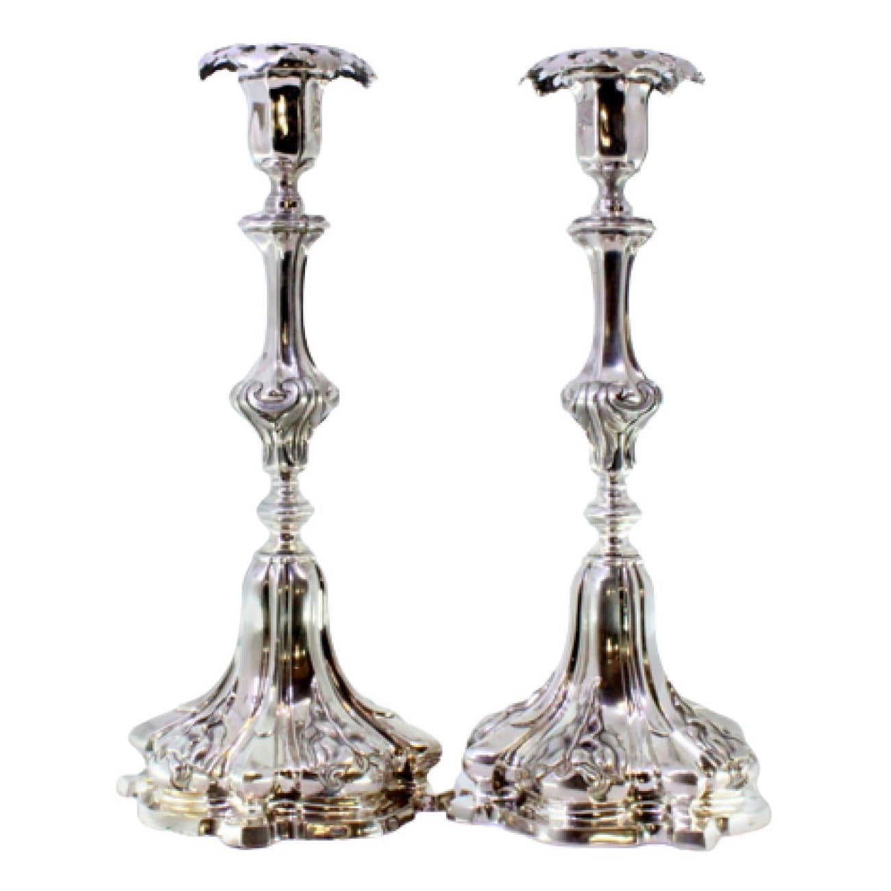 Pair of silver candlesticks with palm and acanthus stems on cutout bases For Sale