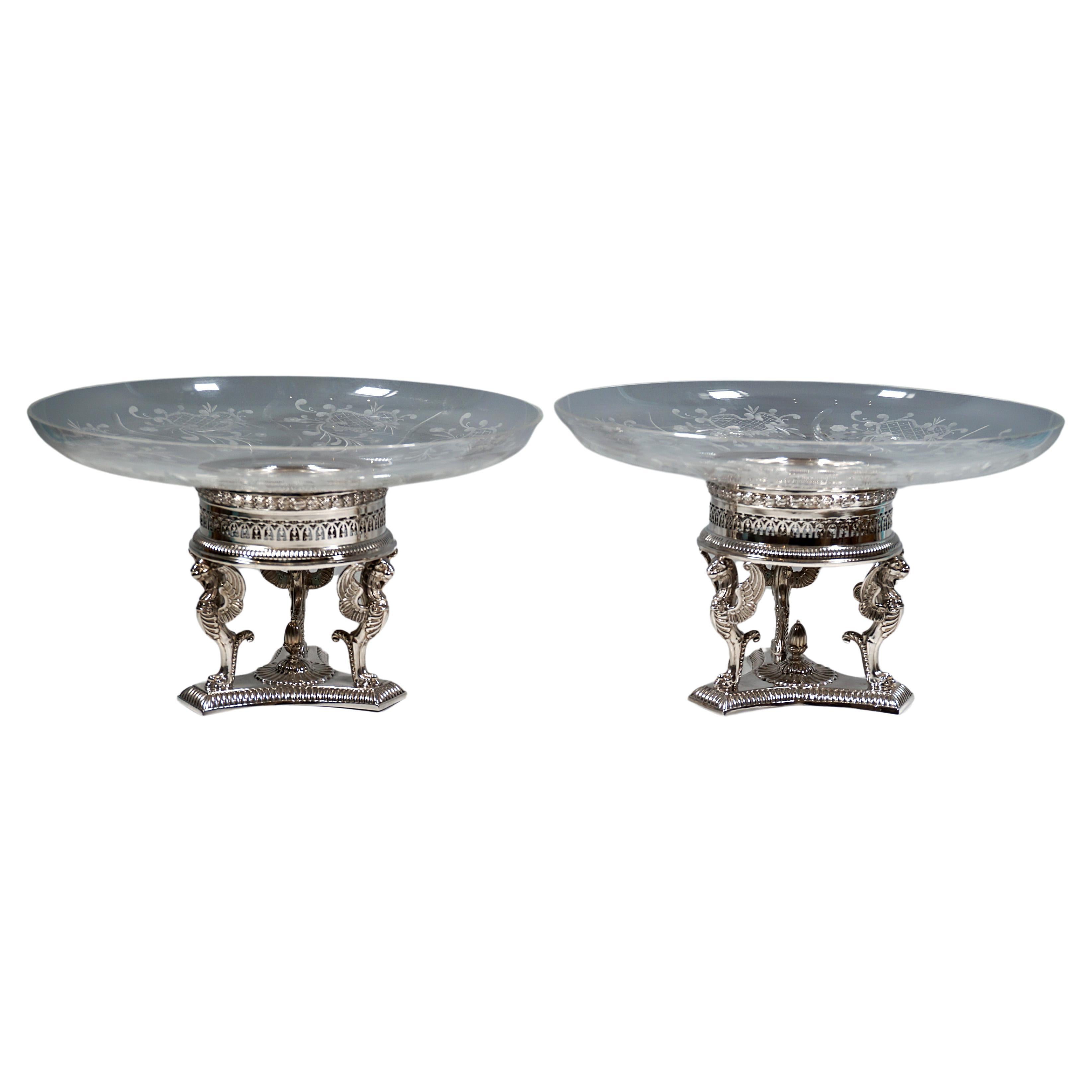 Pair Of Silver Centerpieces With Glass Bowls, Bruckmann & Sons for Knewitz c1920 For Sale
