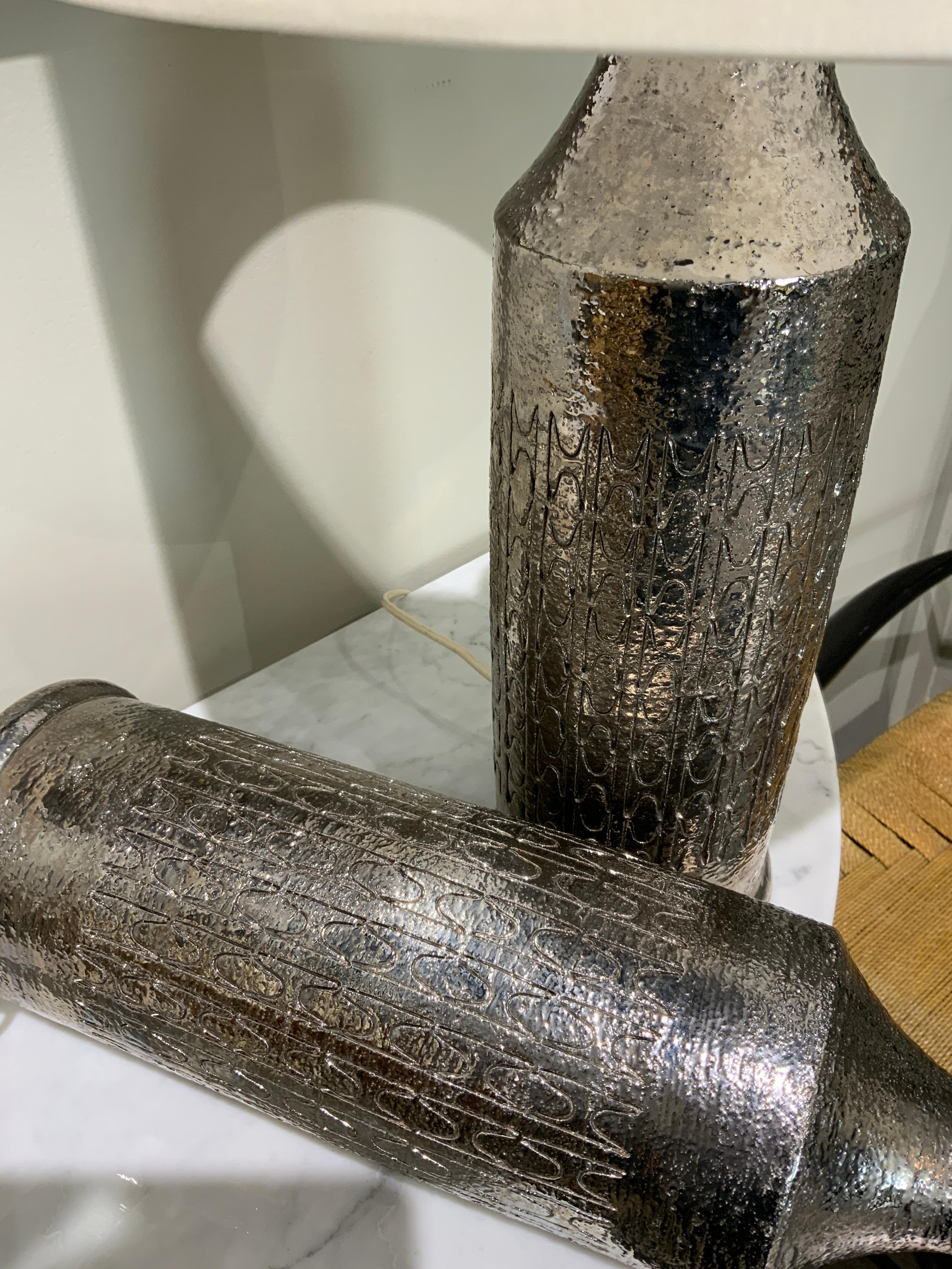 Mid-Century Modern Paire de lampes en céramique argentée Bitossi pour Bergboms circa 1970 en vente