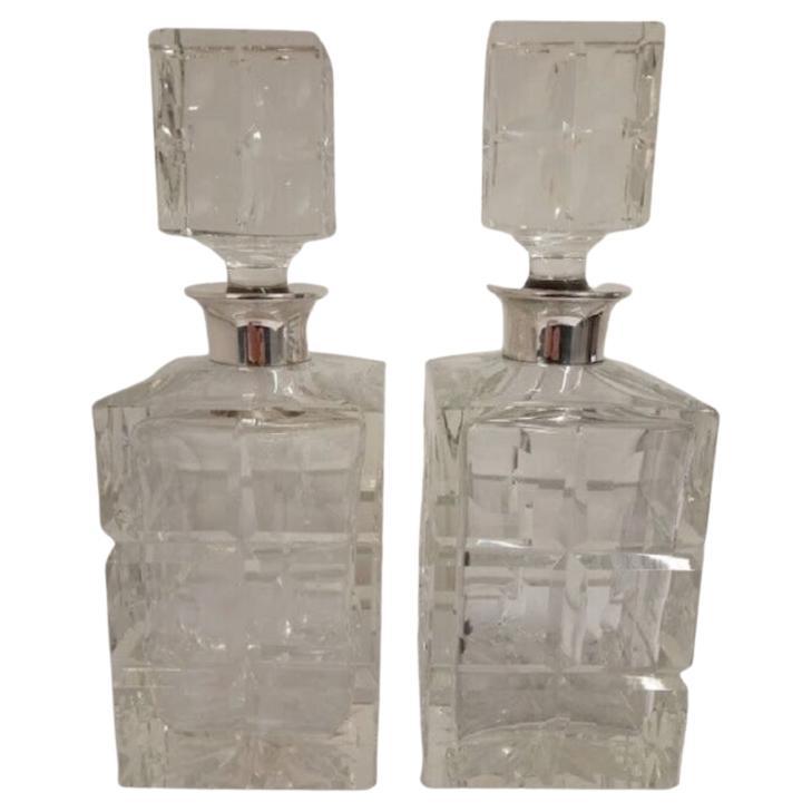 Pair of Silver Collar Crystal Whiskey Decanters from Garrard & Co London, 1964 For Sale