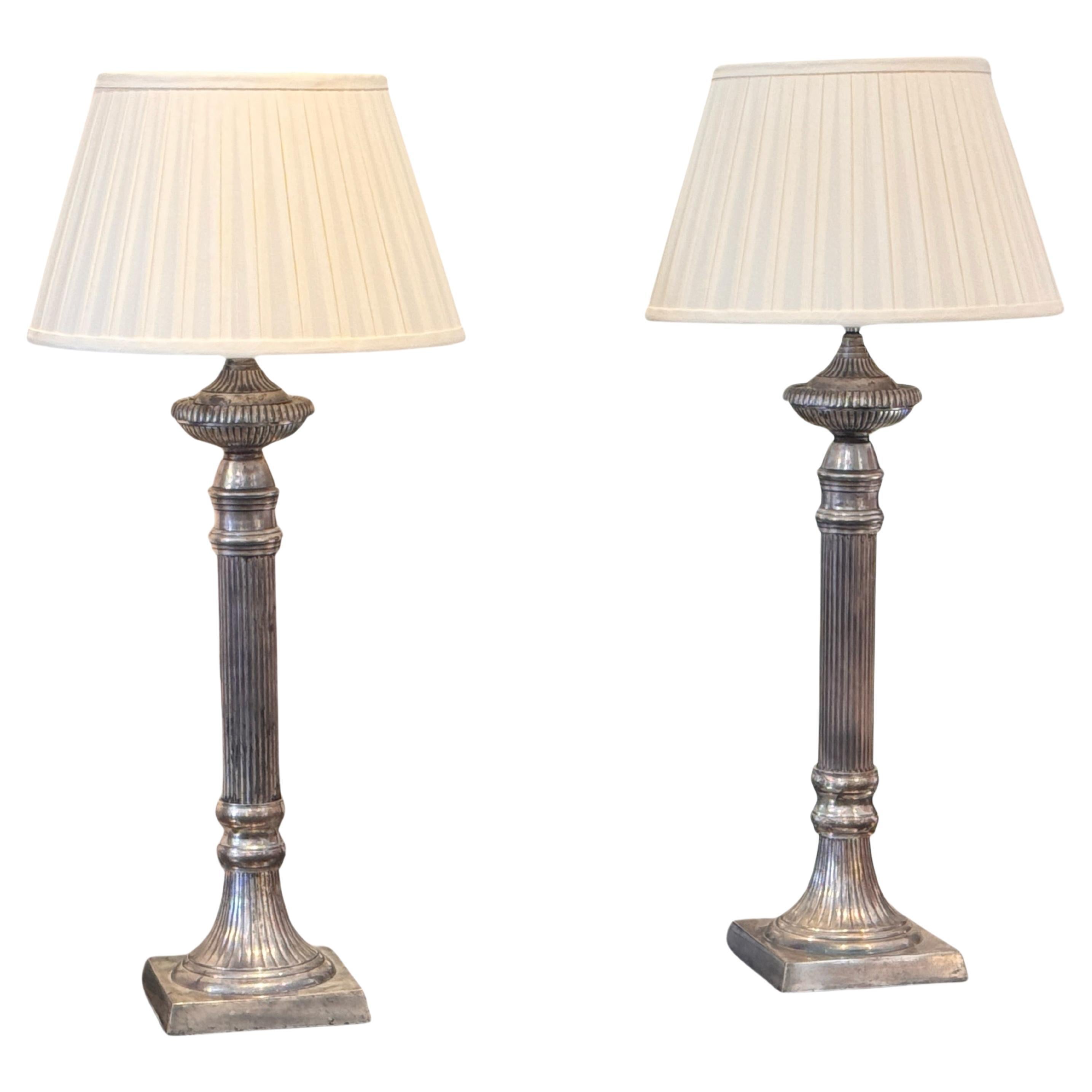 Pair of Silver Column Lamps For Sale