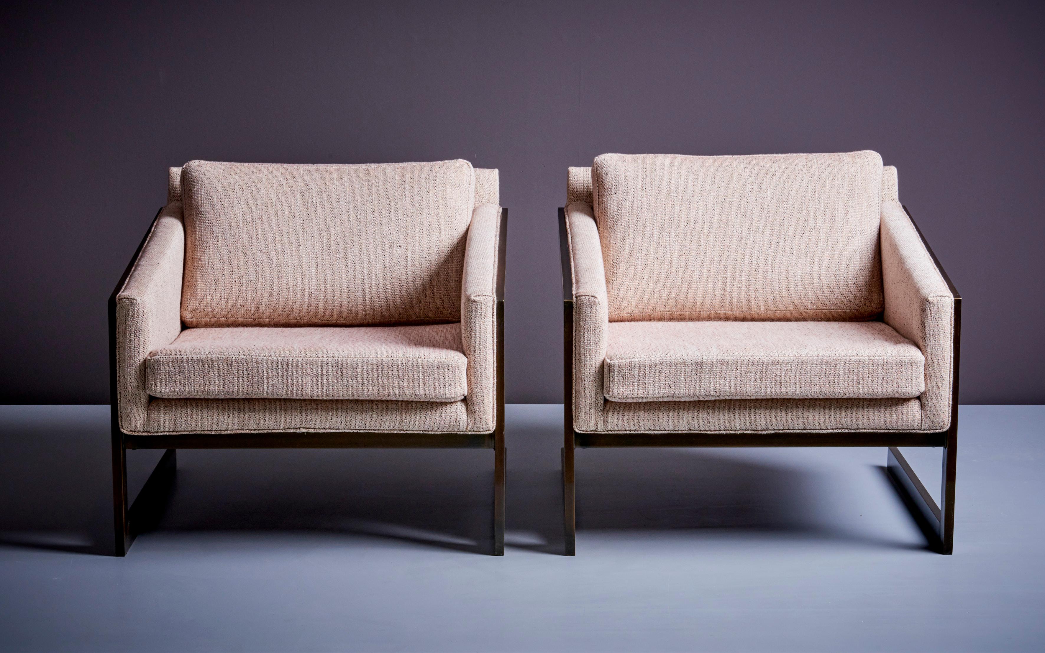Beautiful pair of Cantilever lounge chairs by Silver Craft in a newly upholstered fabric and a bronze finish. Upholstered in Chase Erwin Fabric.
  