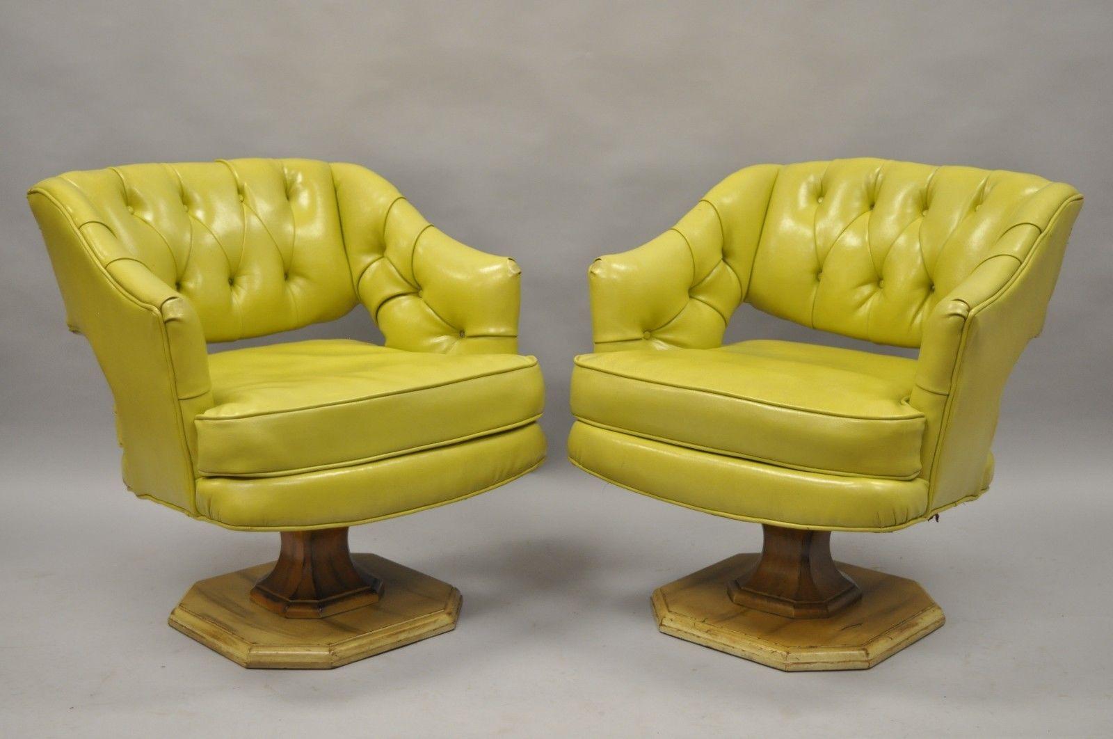 Pair of Silver Craft Green Yellow Swivel Club Lounge Chairs Mid-Century Modern A 4