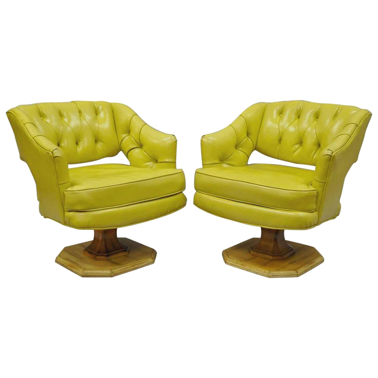 Pair of Silver Craft Green Yellow Swivel Club Lounge Chairs Mid-Century Modern A