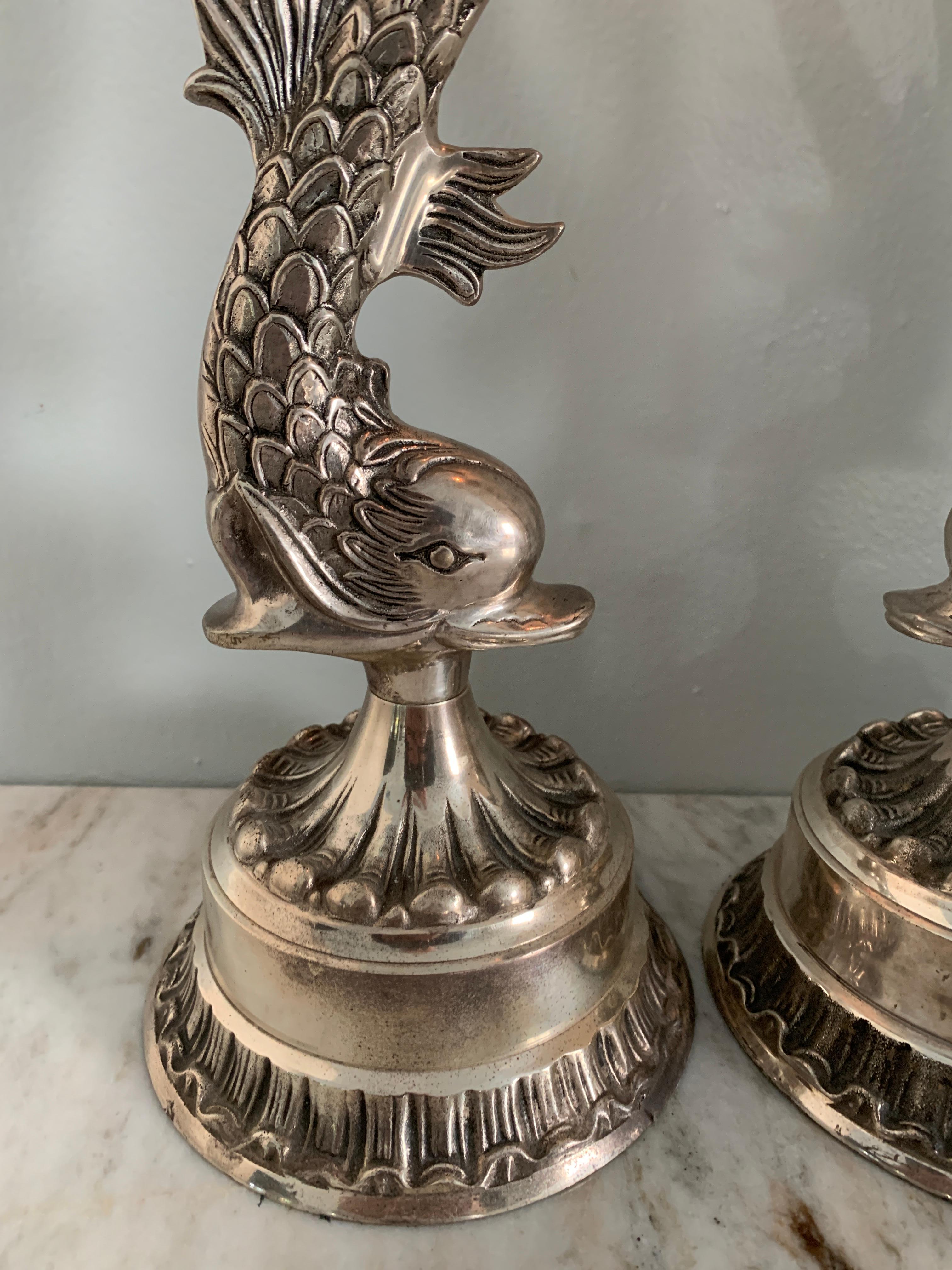 Pair of Silver Dolphin Candlesticks In Good Condition In Los Angeles, CA