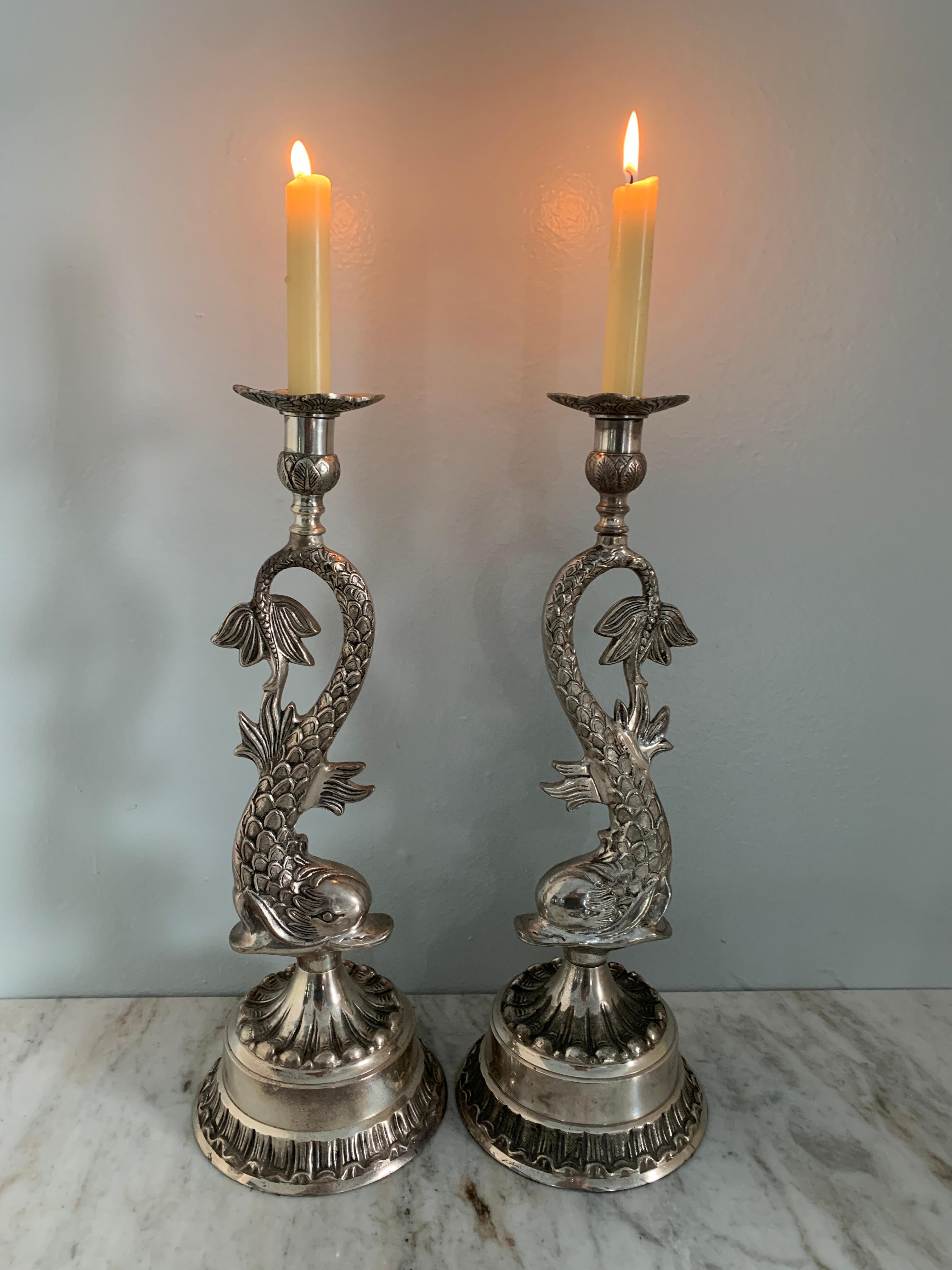 20th Century Pair of Silver Dolphin Candlesticks