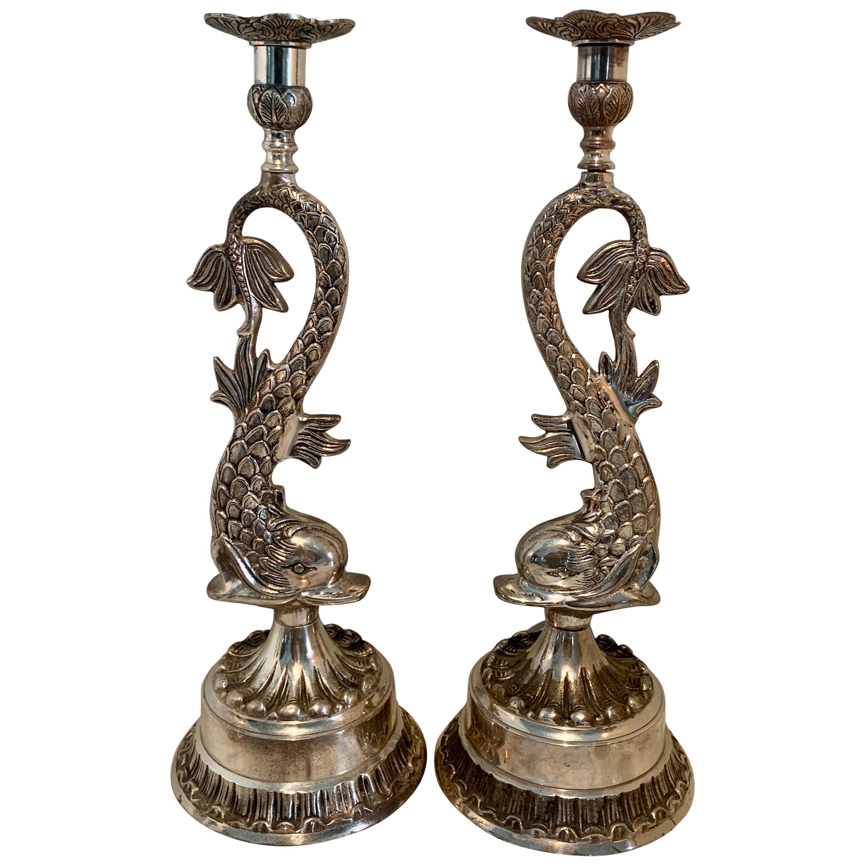 Pair of Silver Dolphin Candlesticks