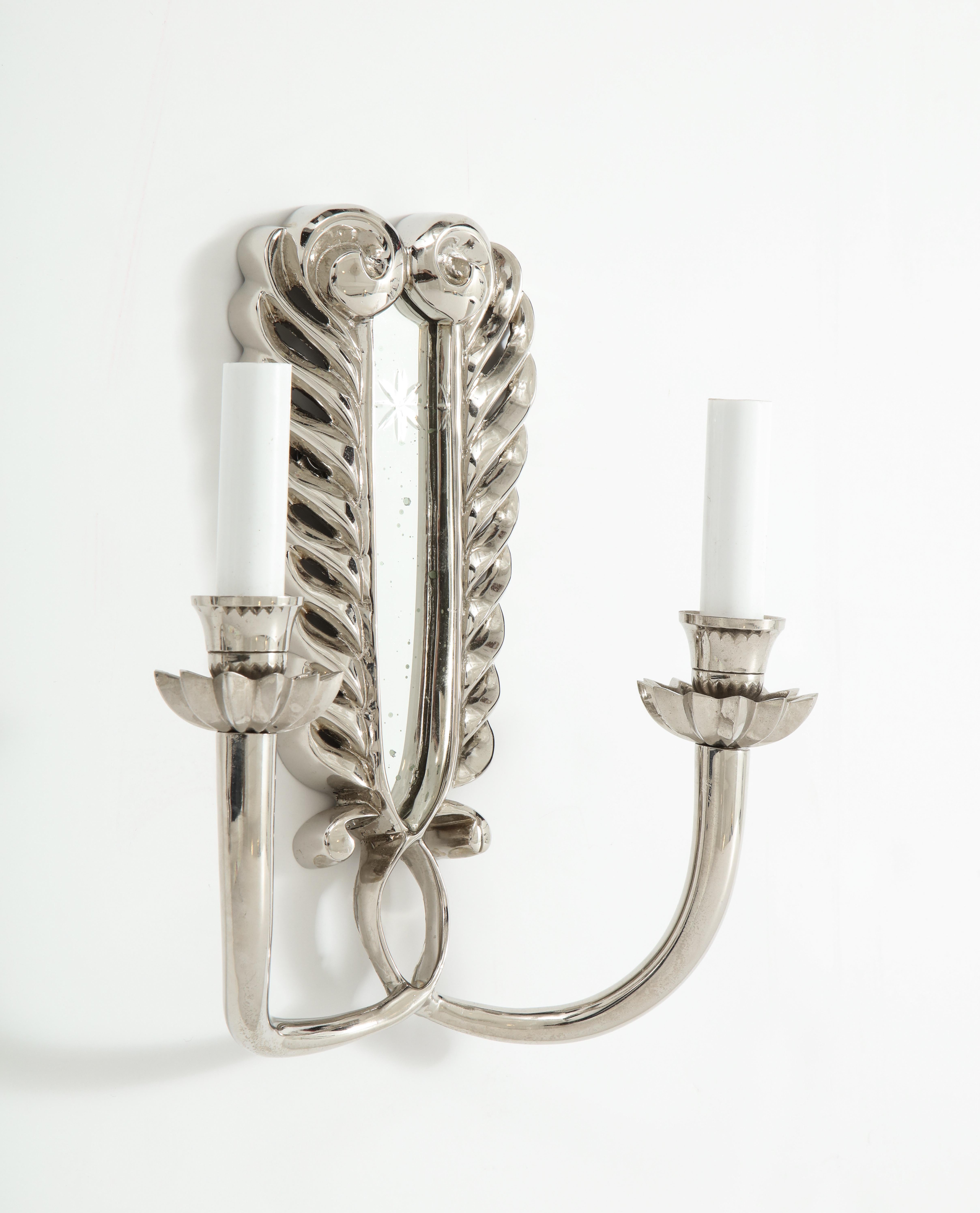 Metal Pair of Silver Double Arm Sconces For Sale