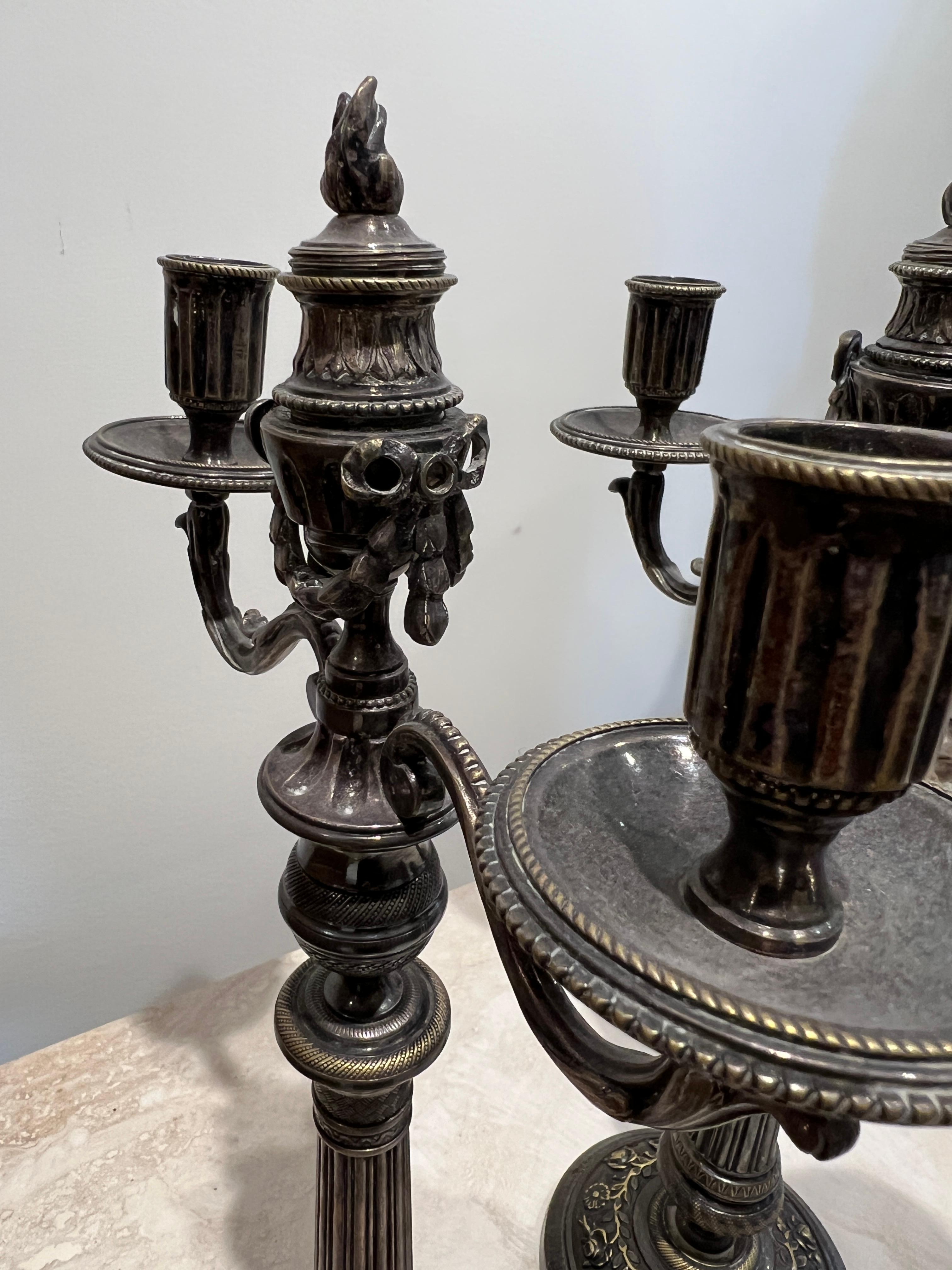 French Pair of Silver Double Candlesticks For Sale