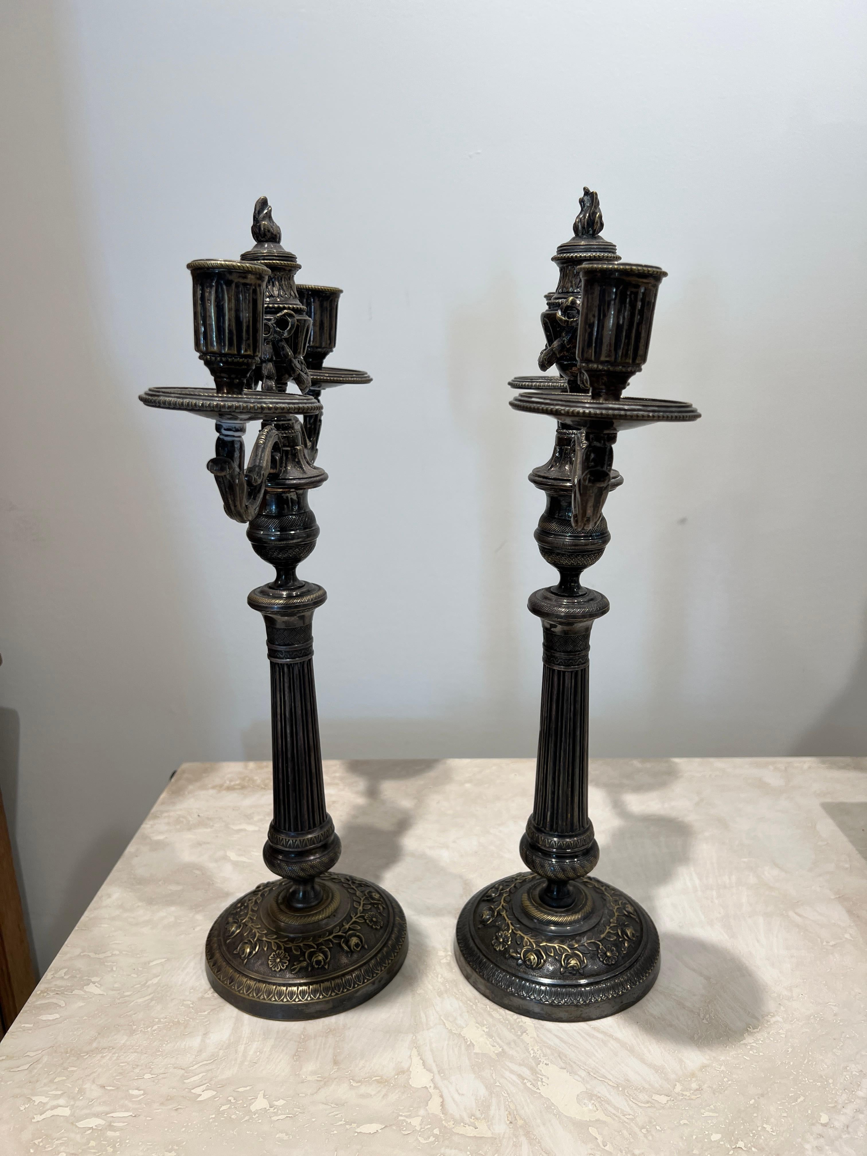 Pair of Silver Double Candlesticks In Fair Condition For Sale In New Orleans, LA