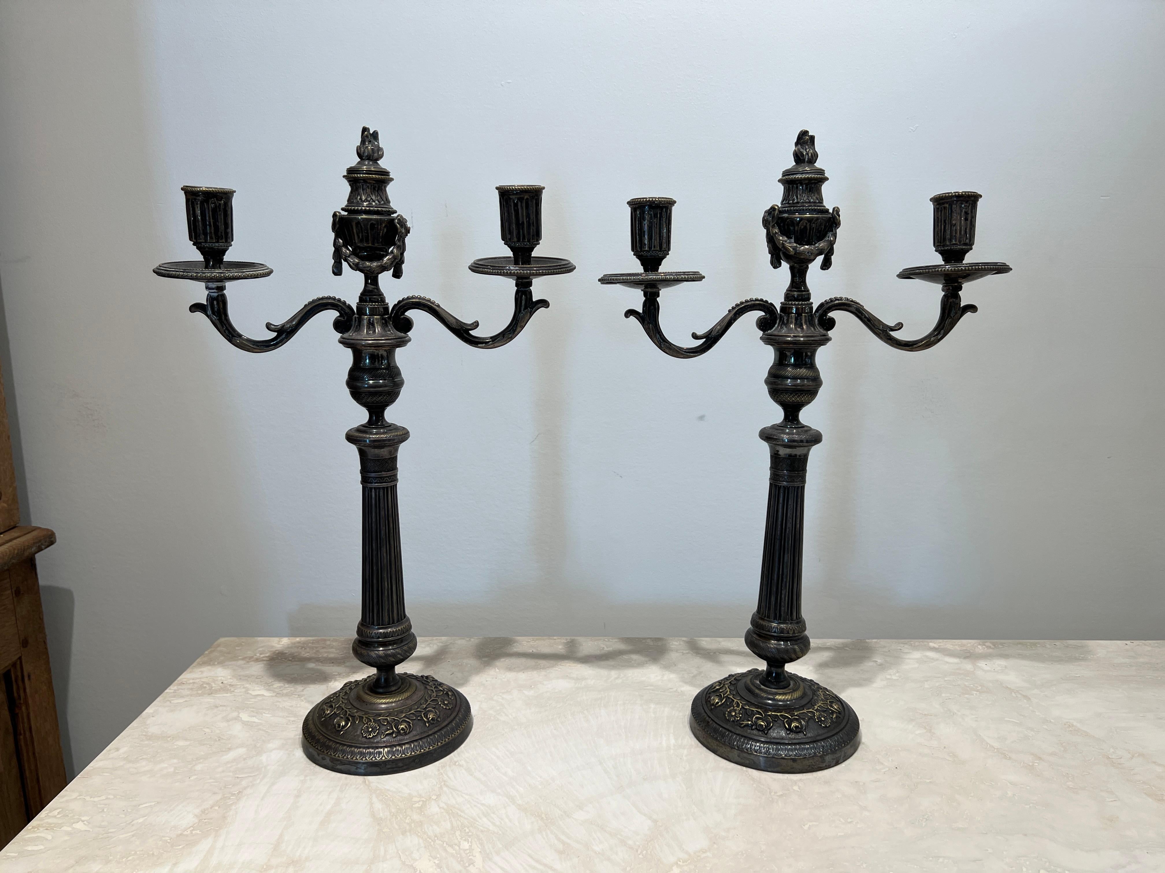 19th Century Pair of Silver Double Candlesticks For Sale