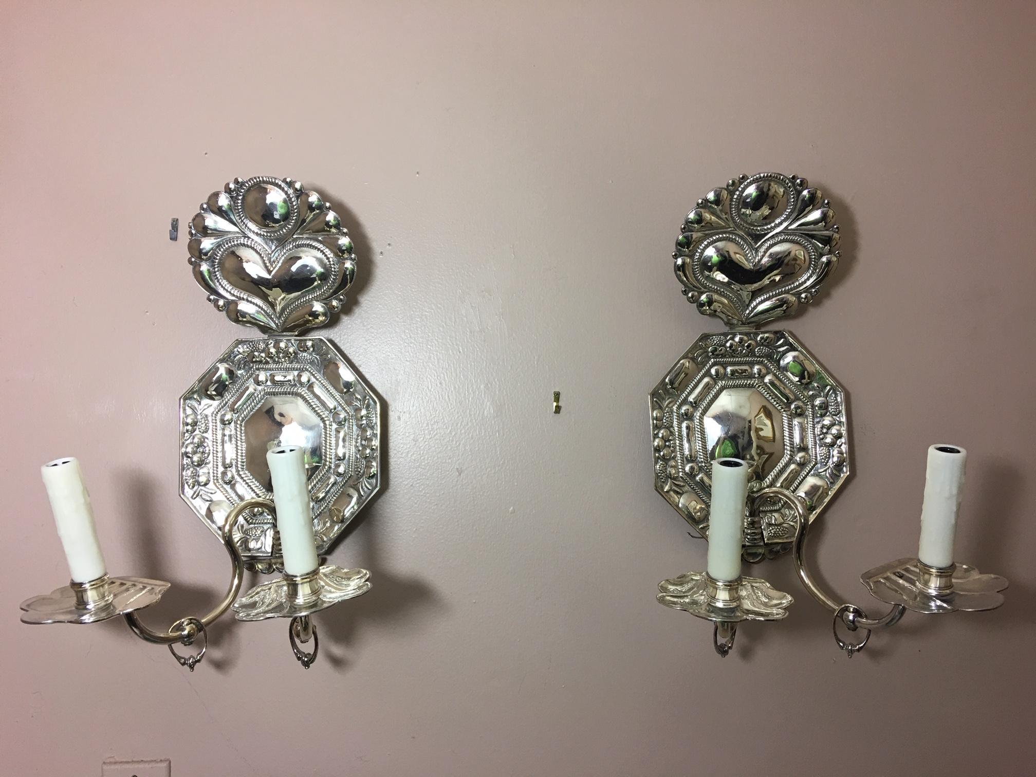 Pair of silver Dutch two-light sconces, late 19th century.