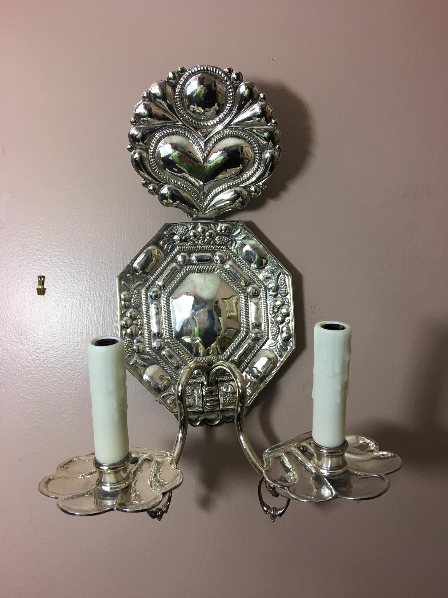 Pair of Silver Dutch Two-Light Sconces, Late 19th Century In Good Condition In Savannah, GA