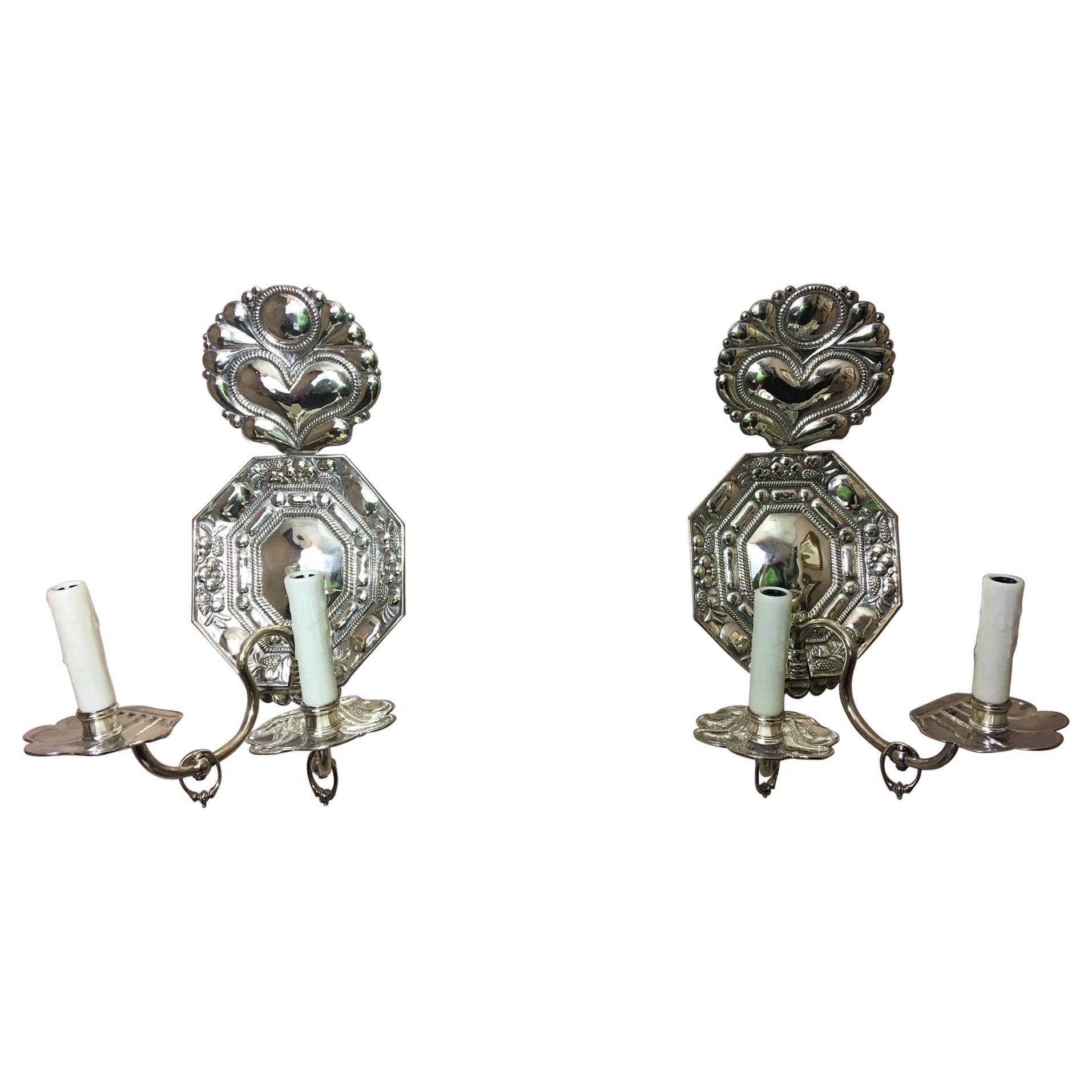 Pair of Silver Dutch Two-Light Sconces, Late 19th Century