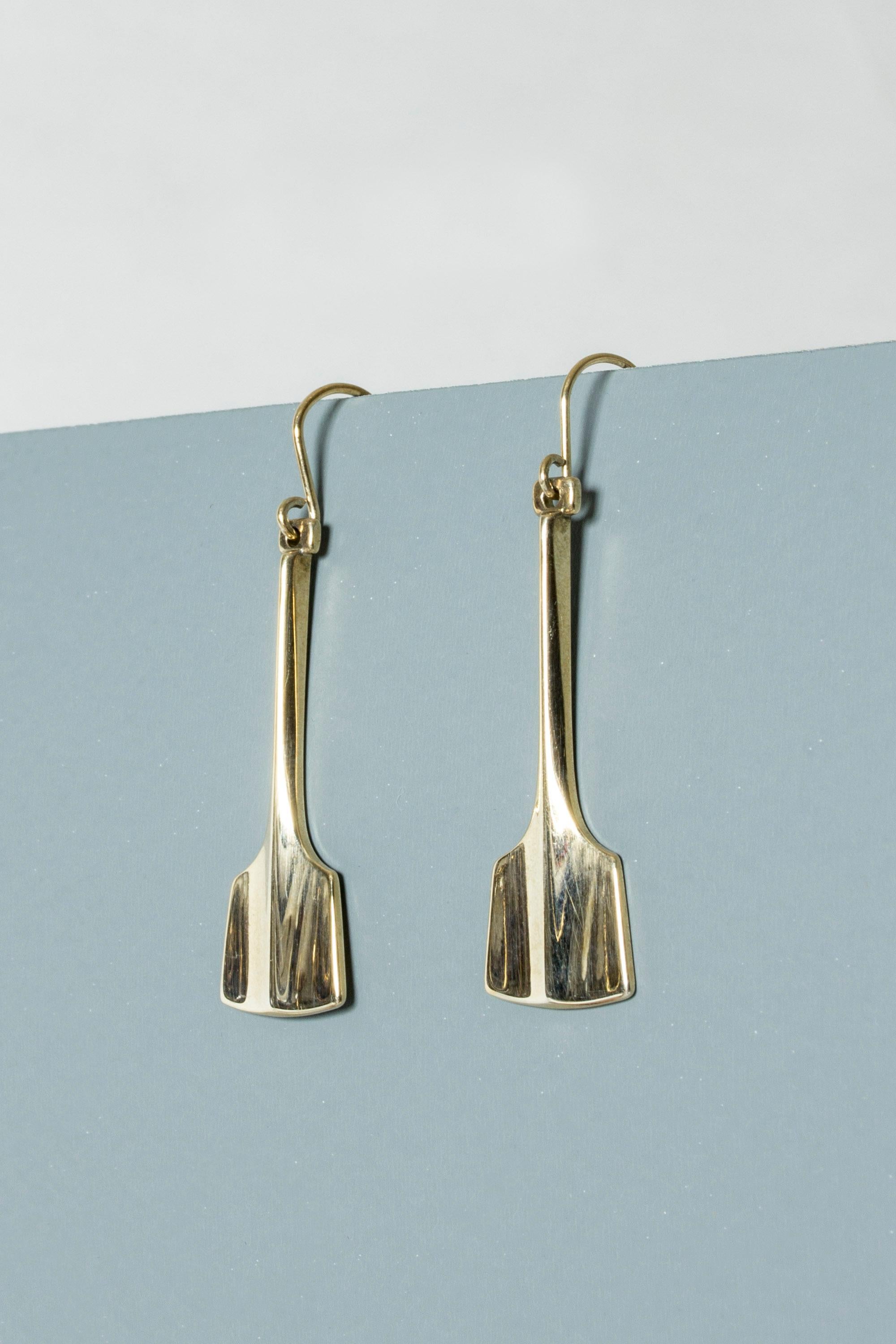 Pair of amazing gilded silver earrings by Bjørn Sigurd Østern. Sleek modernist design with with a sophisticated ridge running along the length of the earrings.

