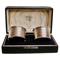 Antique Pair Of Silver Engine Turned Silver Napkin Rings with 9ct Gold Banding 1911