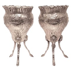 Antique Pair of Silver Footed Vases with Flowers and Bows