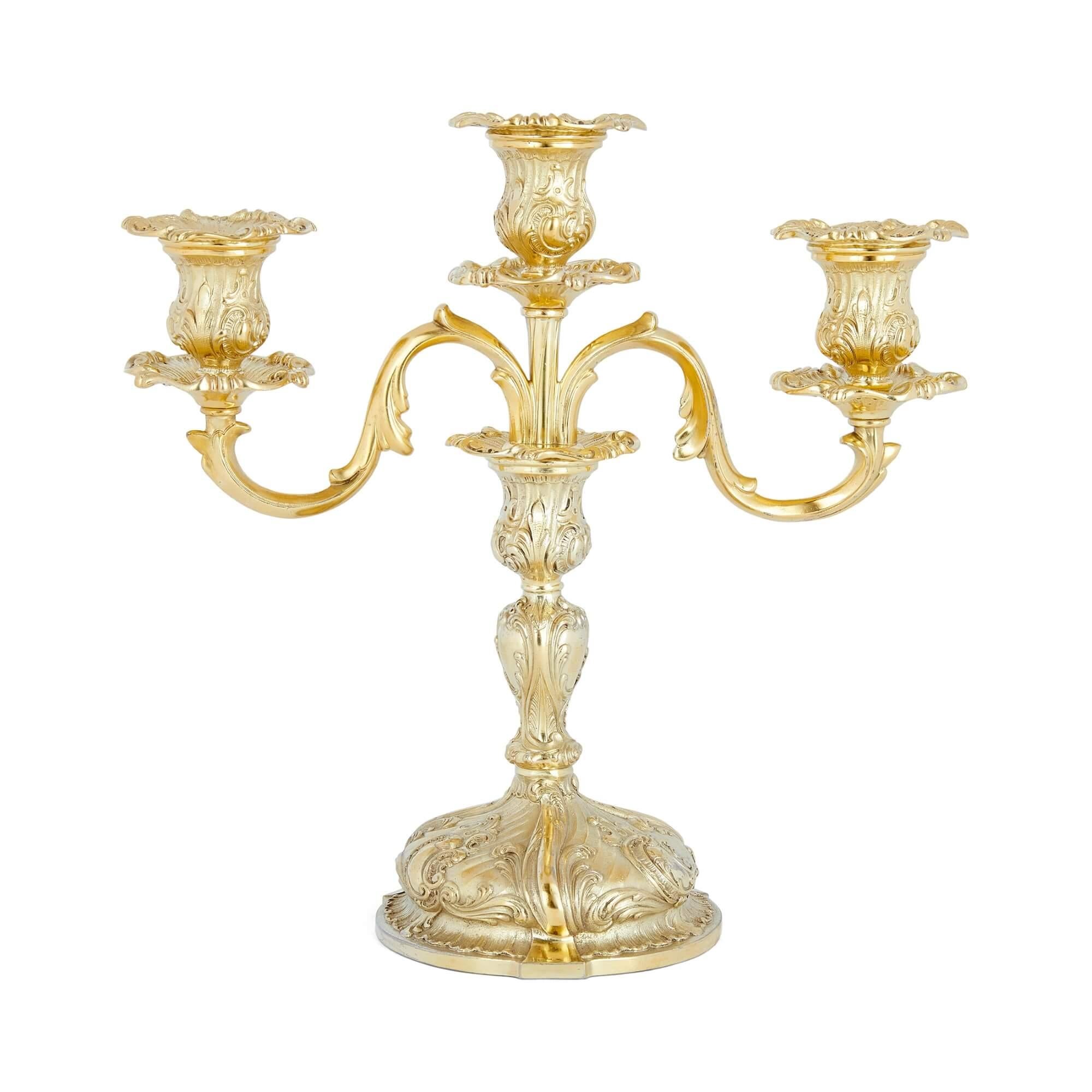 Rococo Pair of Silver Gilt 3-Branch Candelabra  For Sale