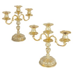 Pareja de candelabros de 3 brazos de plata dorada