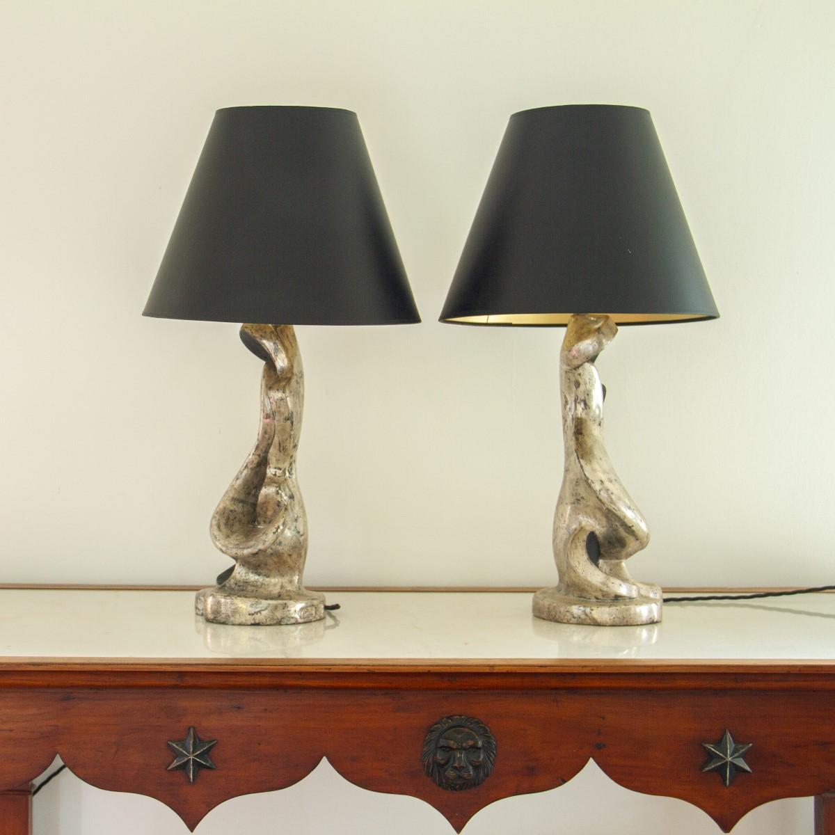 Pair of Silver Gilt and Ebony Lamps, 1950s 7