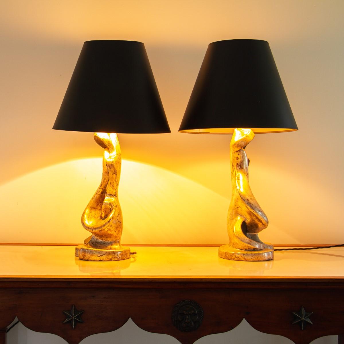 Pair of Silver Gilt and Ebony Lamps, 1950s In Good Condition In Donhead St Mary, Wiltshire