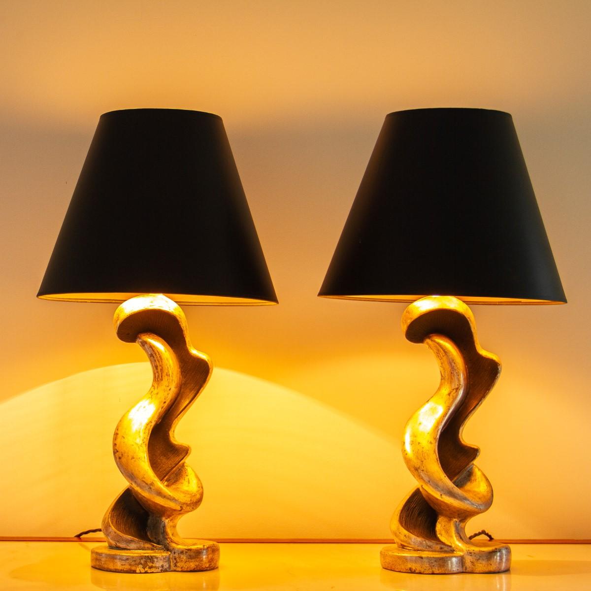 Plaster Pair of Silver Gilt and Ebony Lamps, 1950s