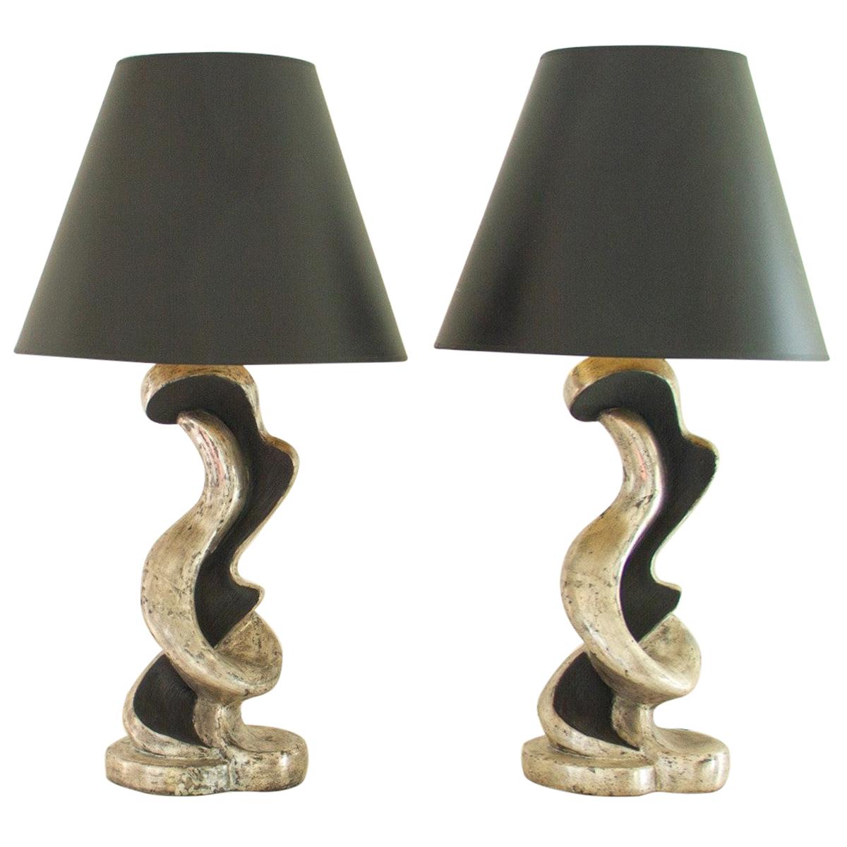 Pair of Silver Gilt and Ebony Lamps, 1950s