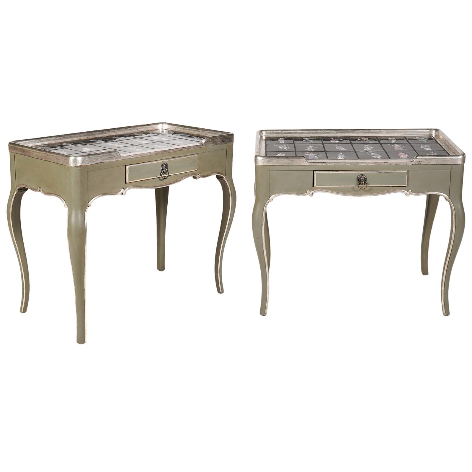 Pair of Silver Gilt and Paint Louis XV Style Tables with Hand Painted Tile Tops