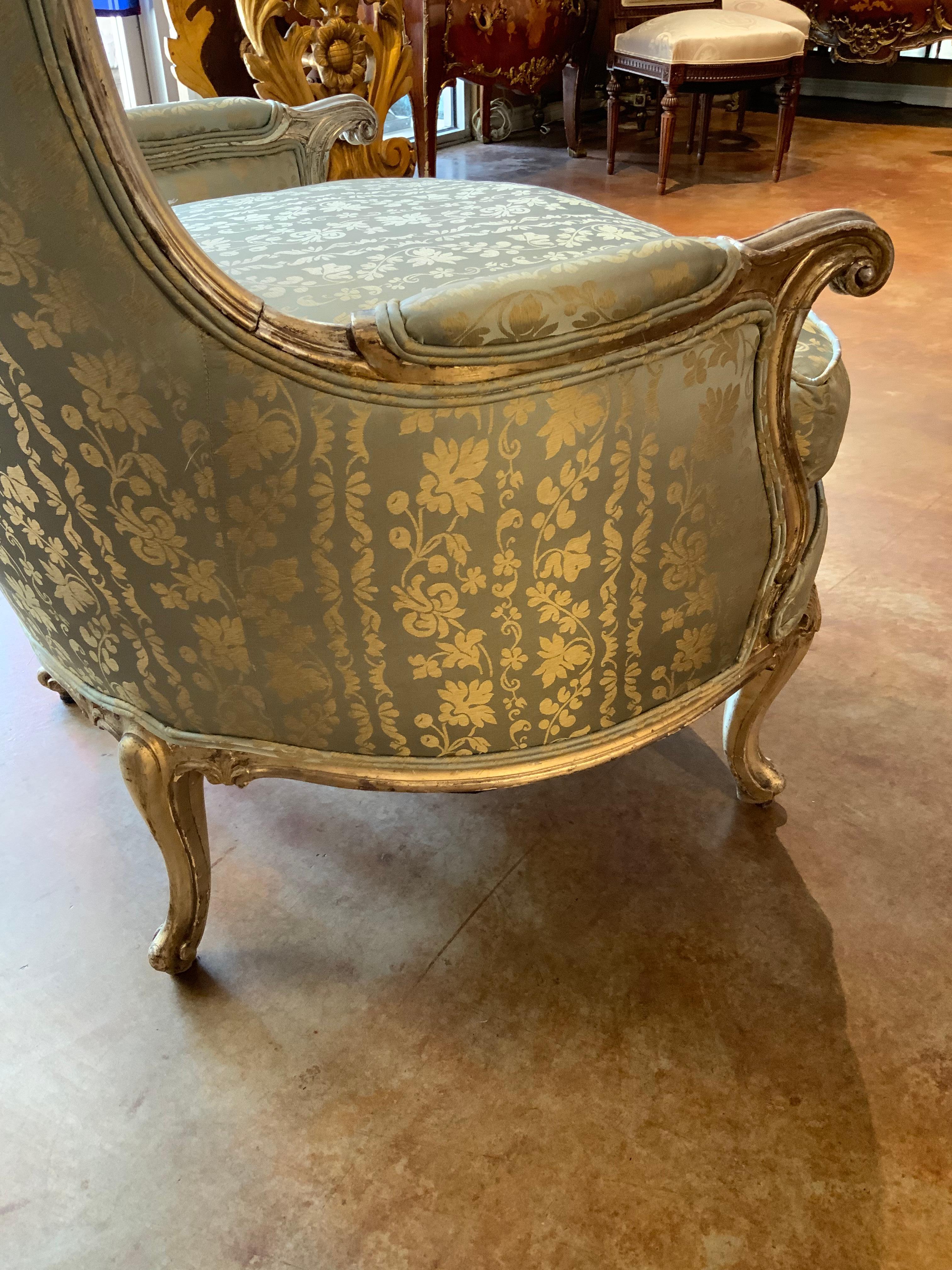 Pair of Silver Gilt Bergeres in Silk Fabric, Louis XV-Style In Good Condition For Sale In Houston, TX