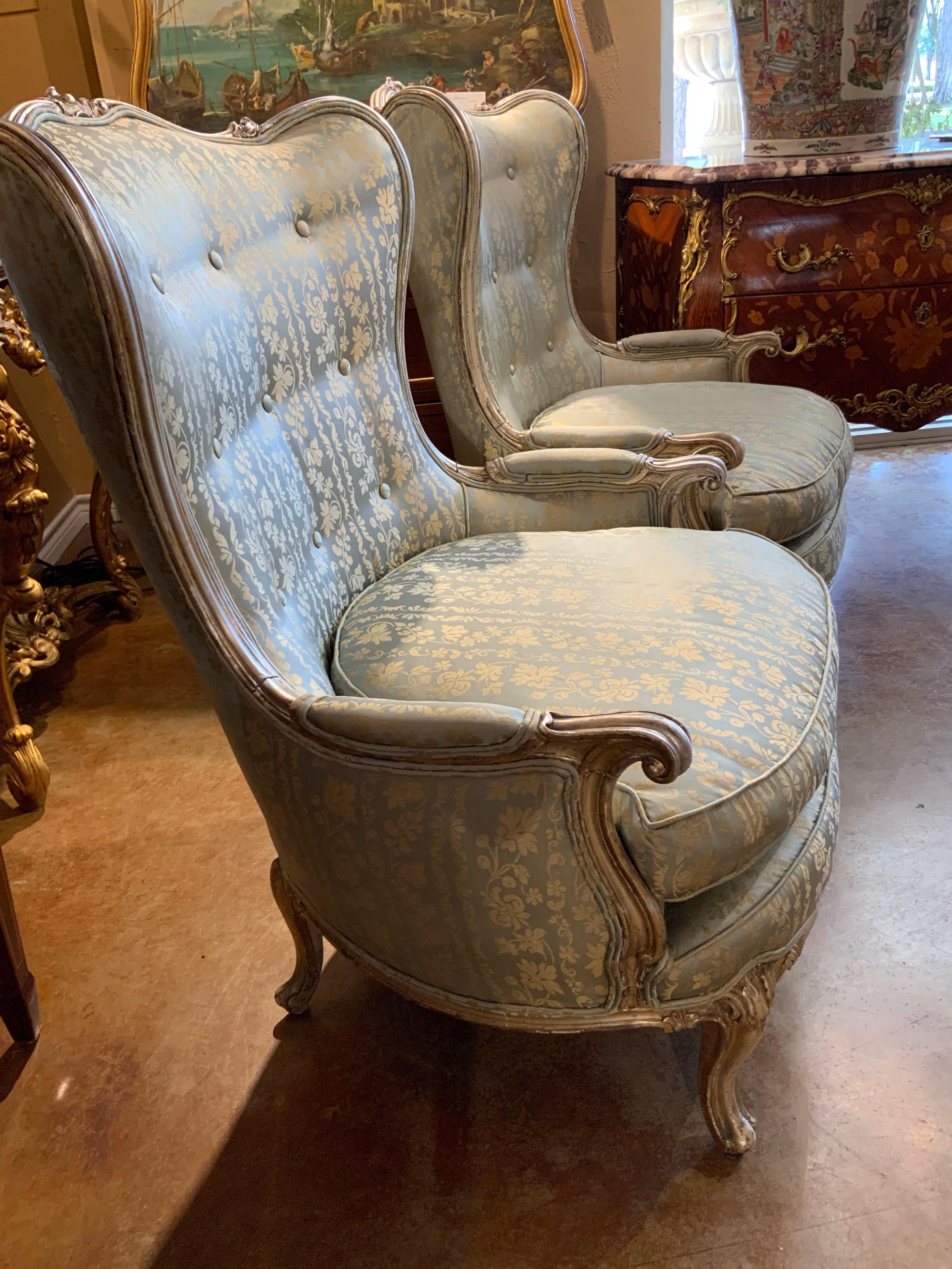 Upholstery Pair of Silver Gilt Bergeres in Silk Fabric, Louis XV-Style For Sale